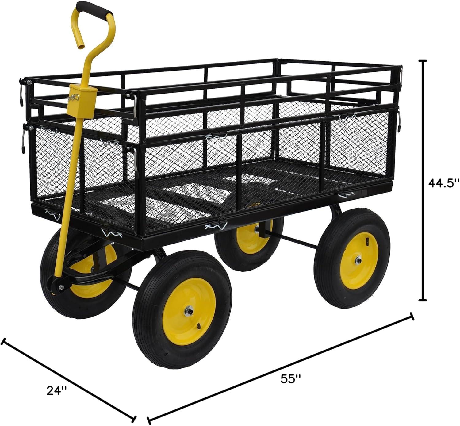 Large Black and Yellow Metal Garden Cart with Pneumatic Tires