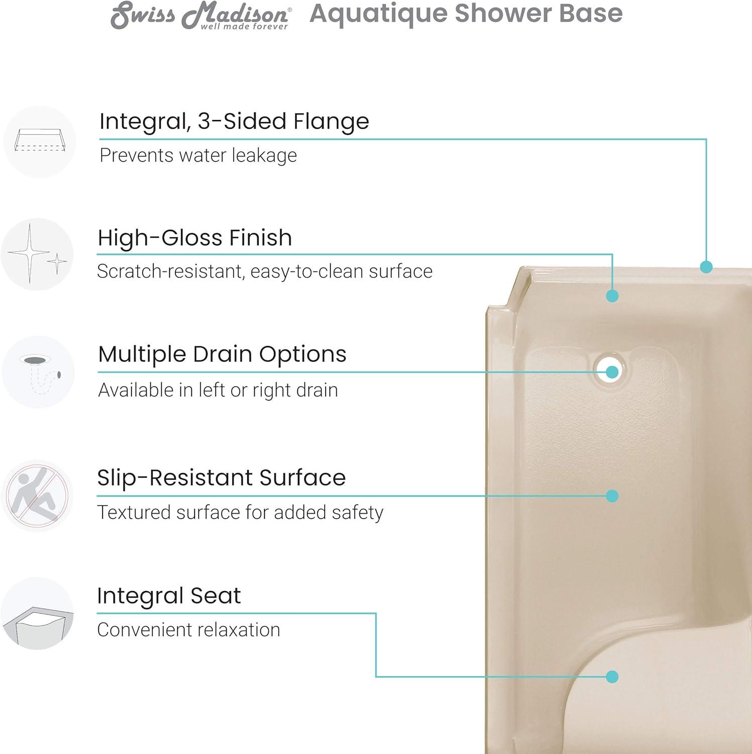 Swiss Madison Aquatique 60" x 32" Single Threshold Shower Base With Right Hand Drain and Integral Left Hand Seat  SM-SB538BV