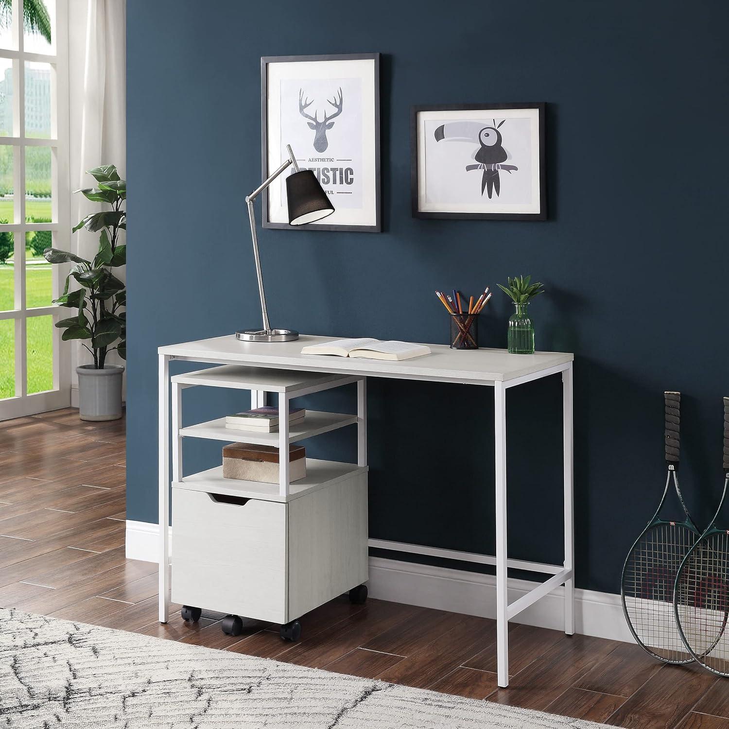 Contempo White Oak 41.7" Home Office Desk with Steel Legs and Drawer