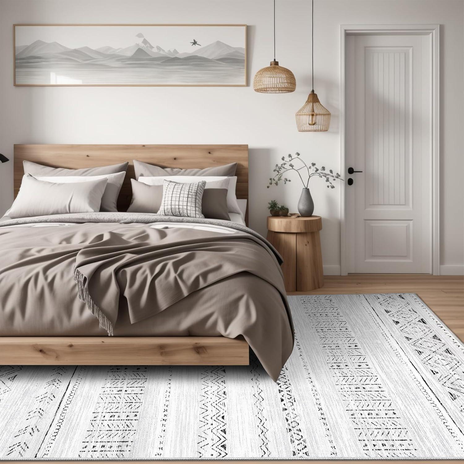 Large Living Room Area Rug 9x12: Soft Machine Washable Boho Moroccan Farmhouse Rugs for Bedroom Under Dining Table - Non-Slip Neutral Morden Indoor Floor Rug Carpet for Home Office Decor - Grey