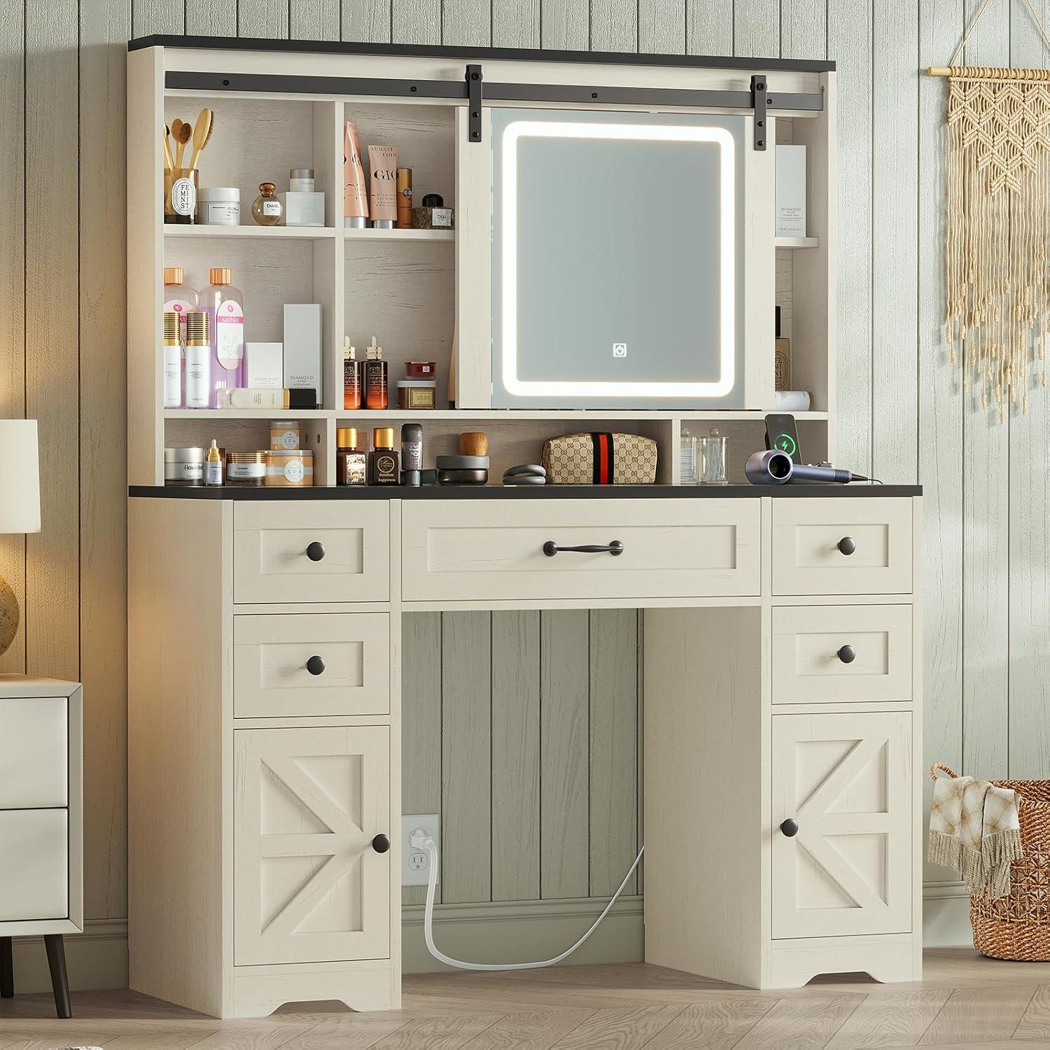 Farmhouse Makeup Vanity Desk with Sliding Lighted Mirror, Glass Top Vanity Desk with Power Outlet, Rustic Vanity Set, Antique White