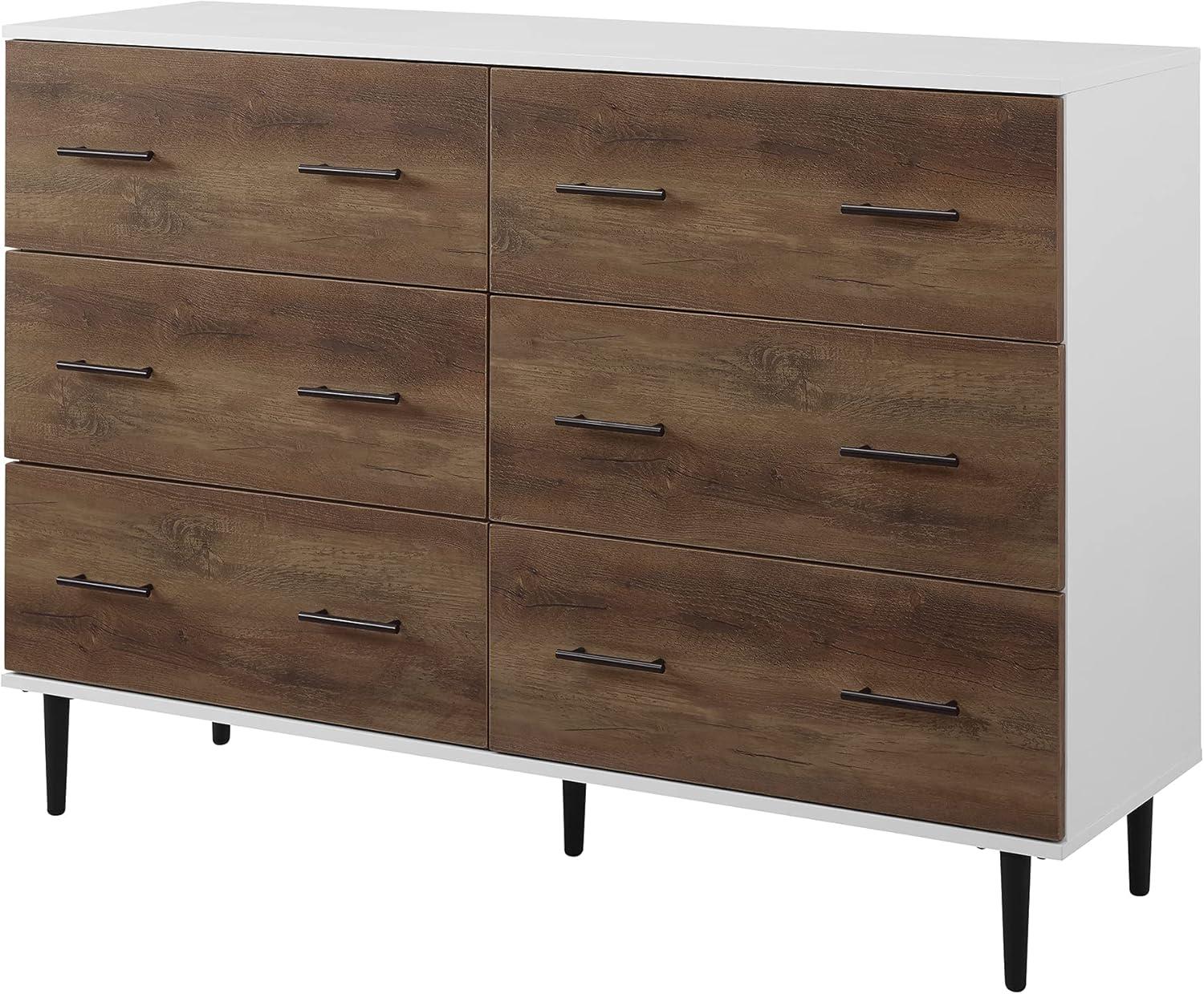 Walker Edison Mila Modern 6 Drawer Storage Buffet, 52 Inch, White and Rustic Oak