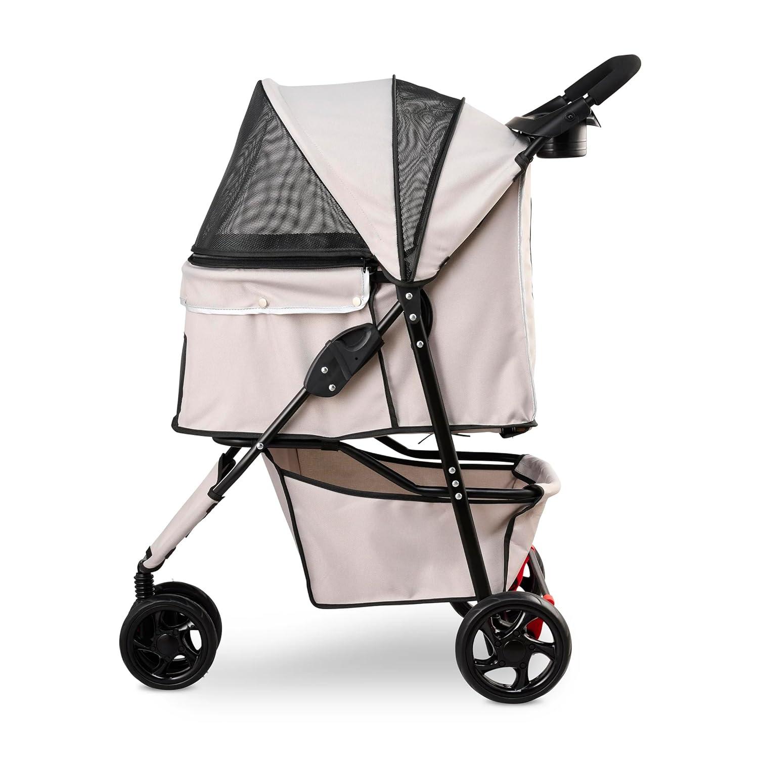 Carlson Pet Products Stroller, Includes 360 Degree Front Wheel Swivel, Rear Wheel Breaks, Reflective Trim, Mesh Panels, Umbrella and Mesh Canopy, Khaki, Pets up to 30 lbs