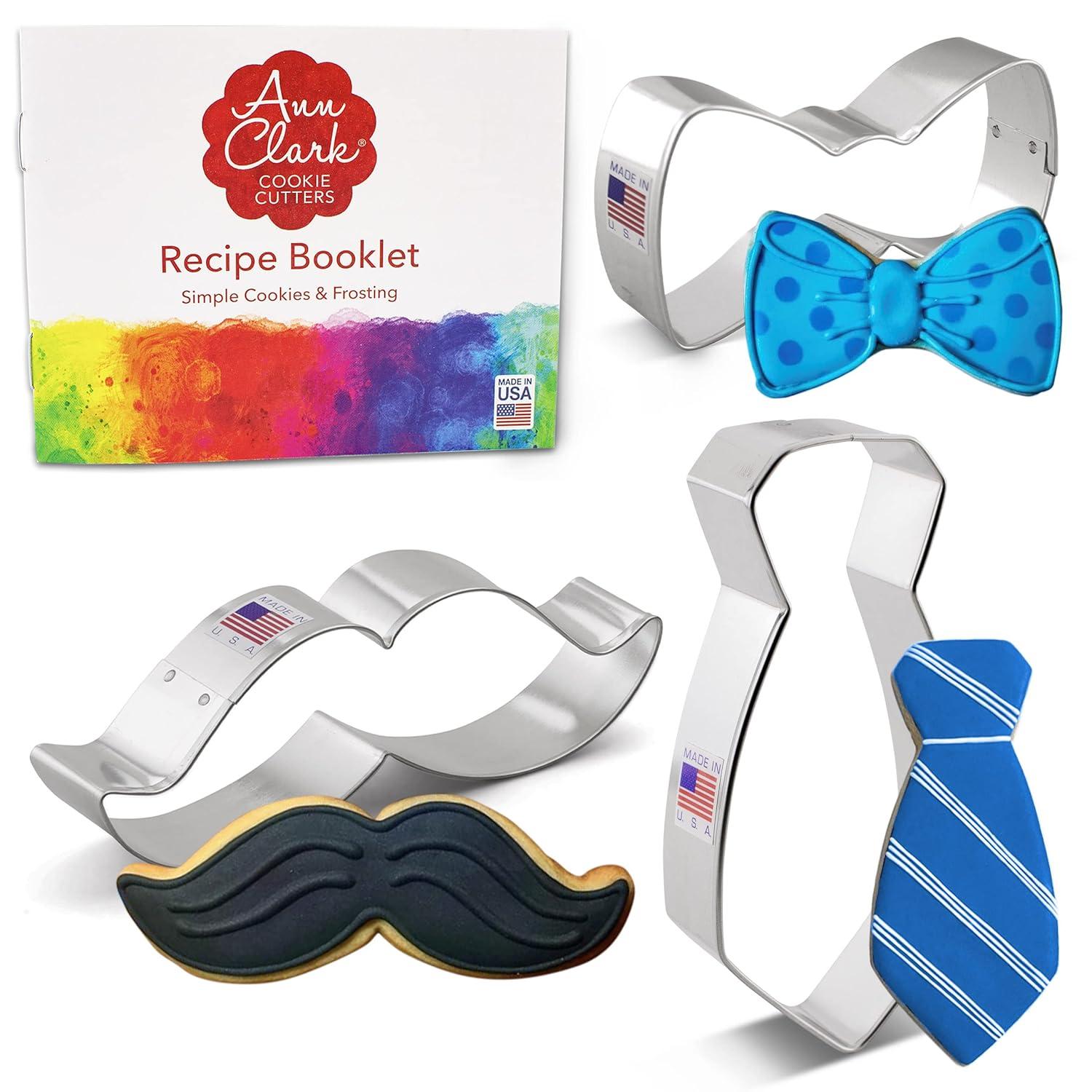 Little Man Father's Day Cookie Cutter Set, 3-Piece Set, Mustache, Bowtie, Neck Tie, Made in USA by Ann Clark