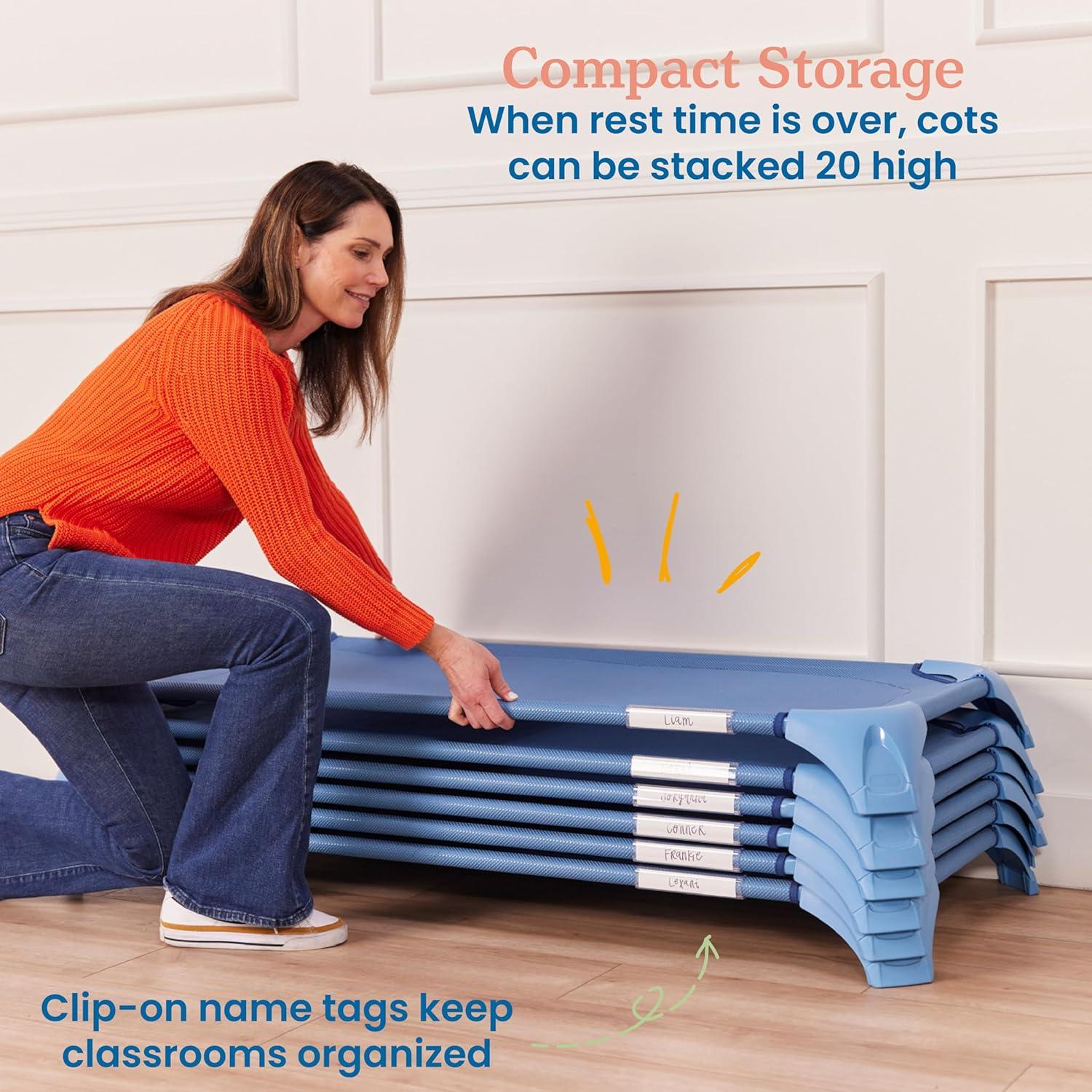 ECR4Kids ECR4Kids Stackable Kiddie Cot with Sheet, Classroom Furniture, Blue (Set of 6)