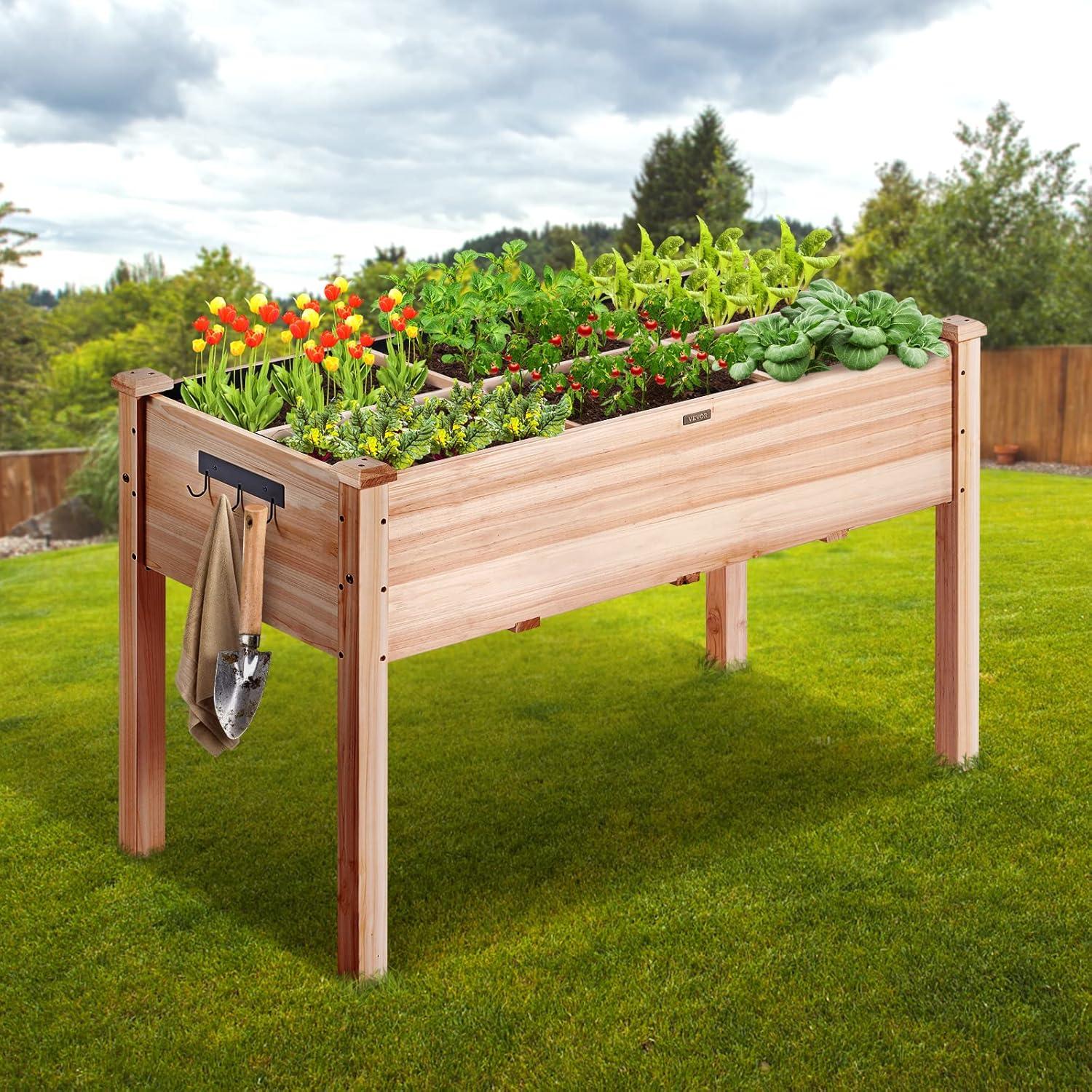 Natural Fir Wood Elevated Garden Bed with Tools and Liner