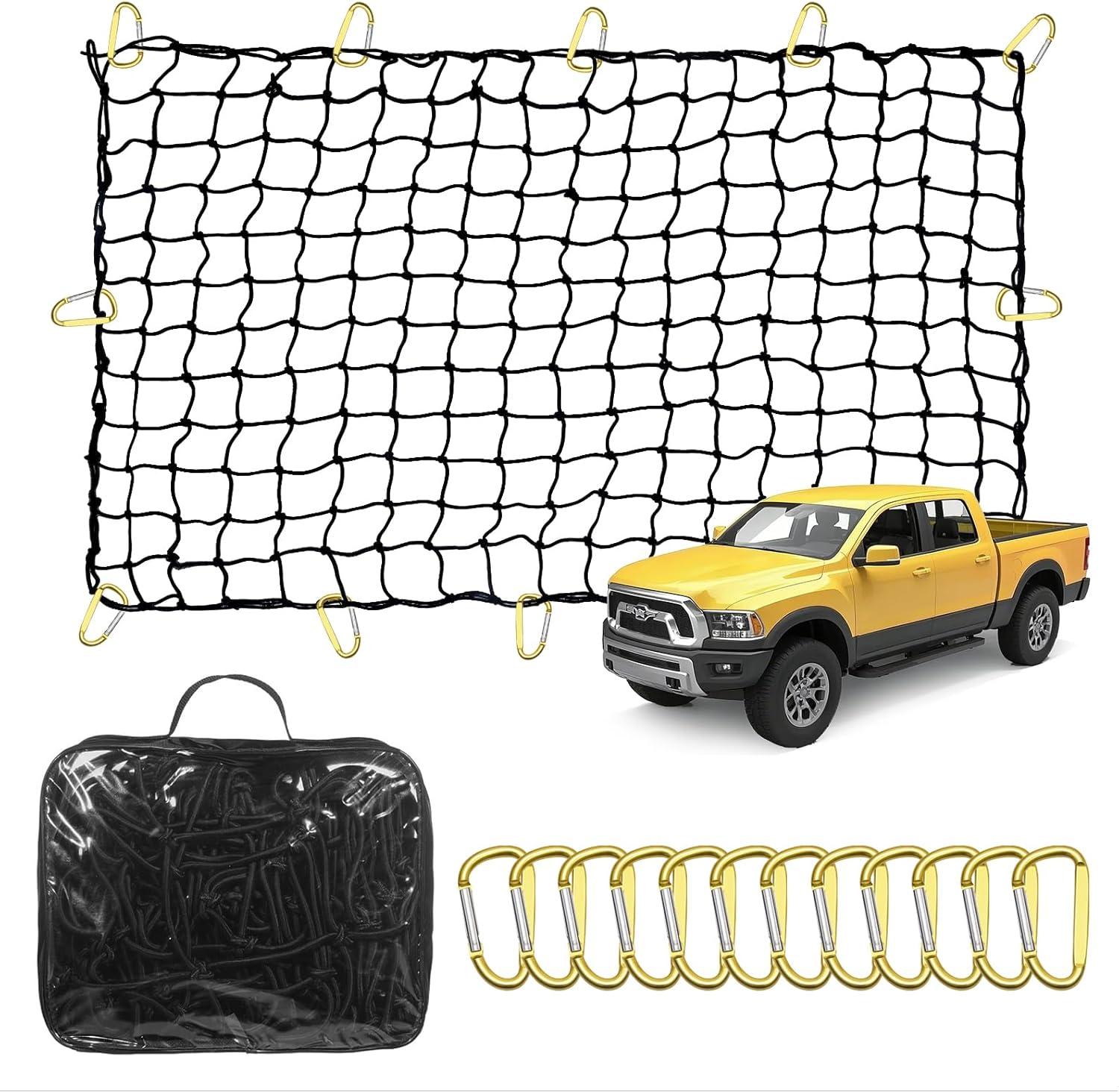 VEVOR Cargo Net for Pickup Truck Bed 4' x 6' Stretches to 7.2' x 10.8', Small 4"x4" Latex Bungee Net Mesh with 12 Steel D-Shaped Carabiners, Storage Bag, Suitable for Pickup, Jeep, SUV, Trailer