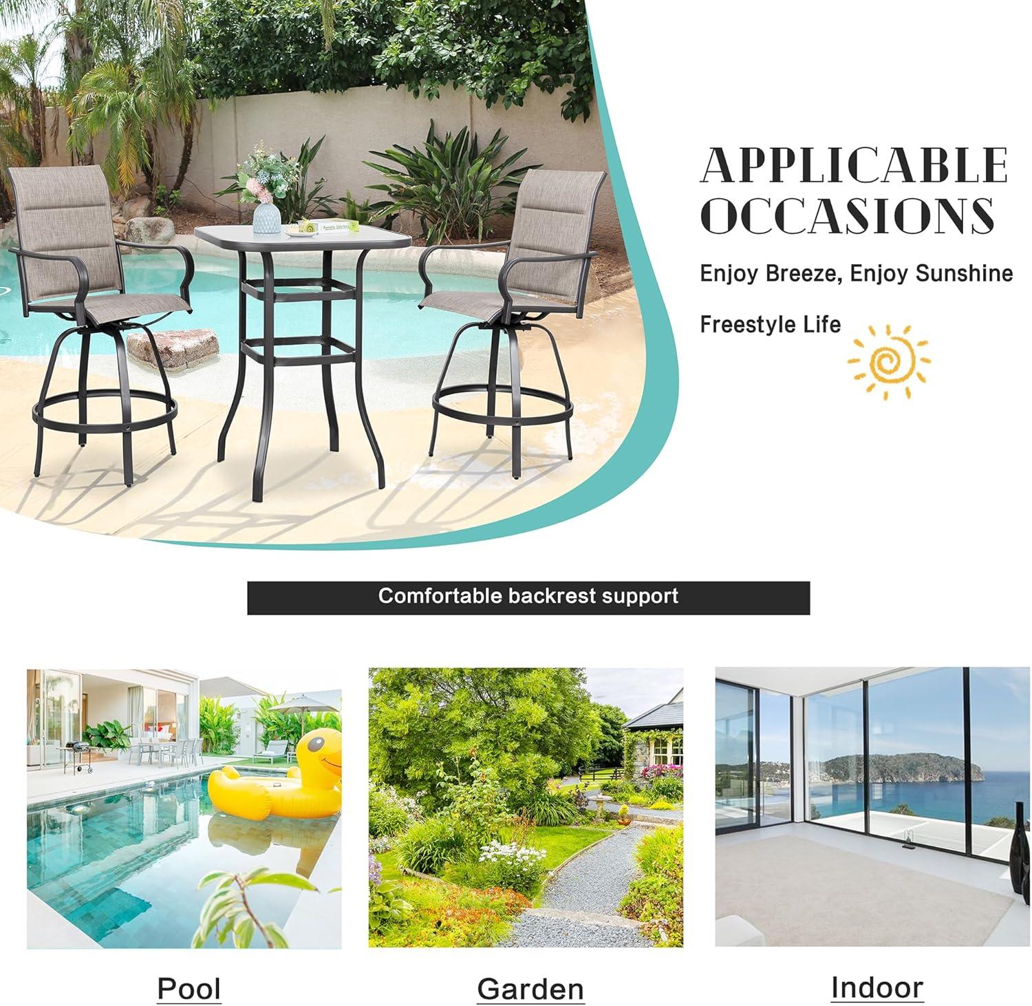 Vongrasig 5 Piece Patio Swivel Bar Set, All Weather Metal Textilene High Stools Chair Set of 4 and Glass Table, Outdoor Top Bistro for Lawn Garden, Balcony, Taupe Padded Gray VG-HGB4C1T