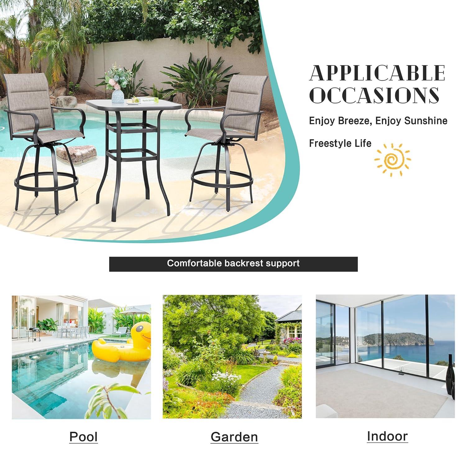 Vongrasig 5 Piece Patio Swivel Bar Set, All Weather Metal Textilene High Stools Chair Set of 4 and Glass Table, Outdoor Top Bistro for Lawn Garden, Balcony, Taupe Padded Gray VG-HGB4C1T