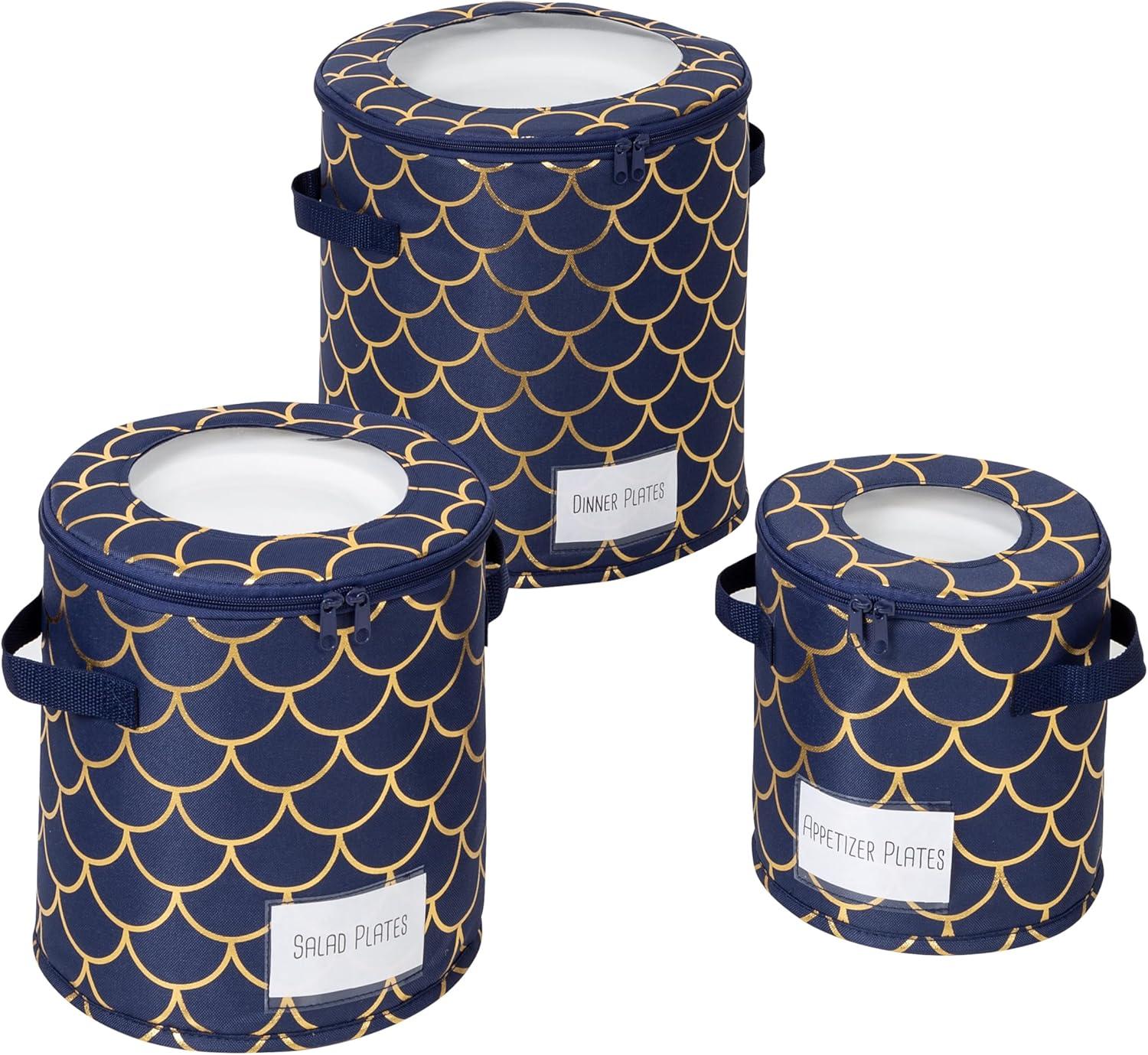 Honey-Can-Do 3pc Round Tableware Storage - Navy/Gold: China & Stemware Storage, Polyester, Spot Clean, 12"x12"x12"