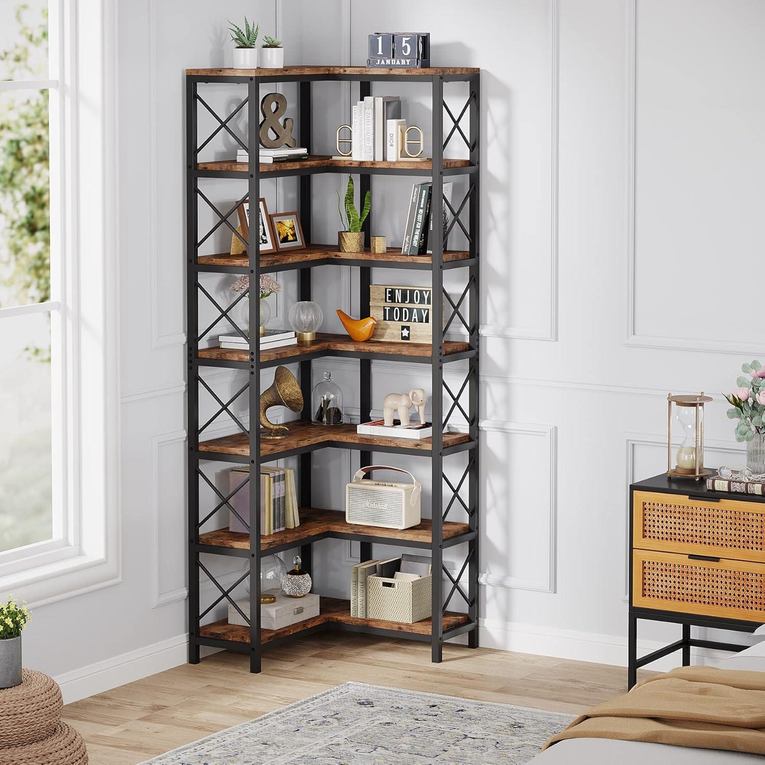 Hommoo 7-Tier Tall Corner Bookshelf Rustic Brown