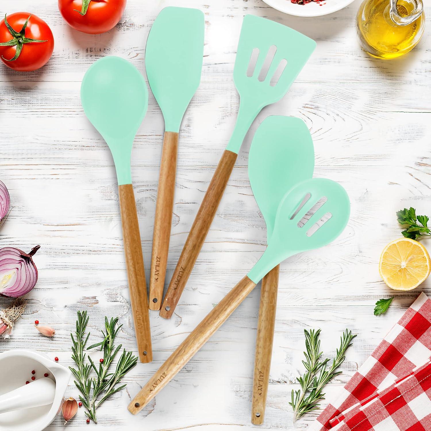 Aqua Silicone and Acacia Wood 5-Piece Cooking Utensil Set