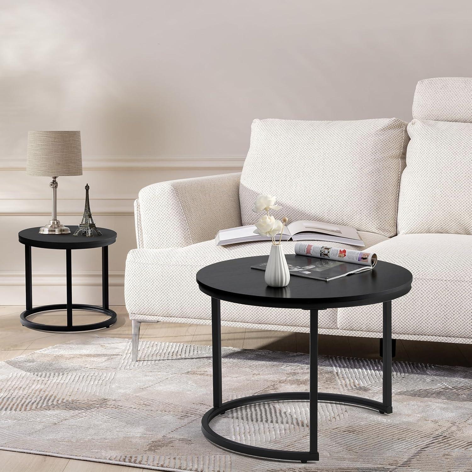 VASAGLE Round Coffee Tables, Set of 2 Nesting Tables, Modern Round Side Tables with Hidden Storage and Top Tray