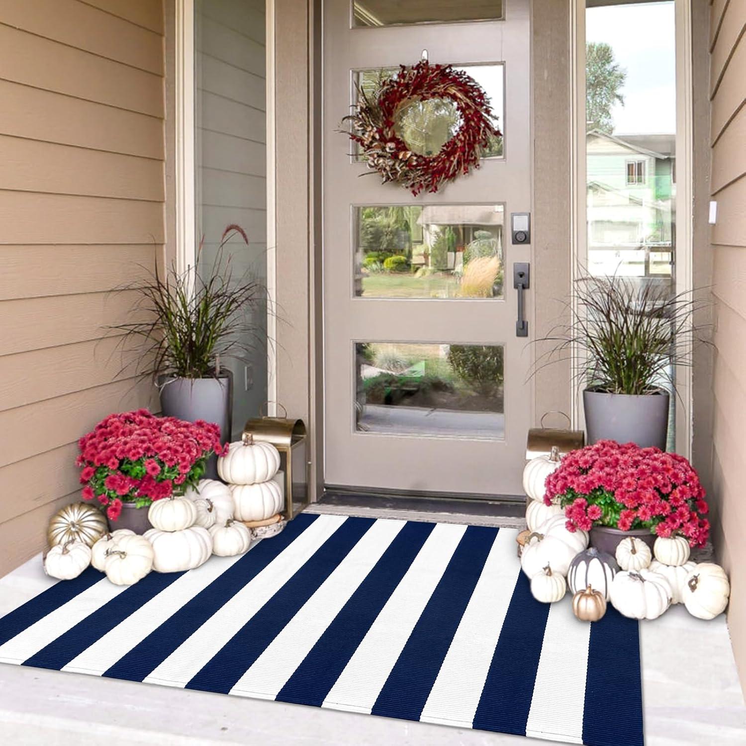 IOHOUZE Navy and White Striped Rug 2'x3' Front Door Rugs, Small Washable Area Rug for Front Porch, Spring Summer Doormats Outdoor Indoor, Cotton Rugs for Entryway Porch Entrance