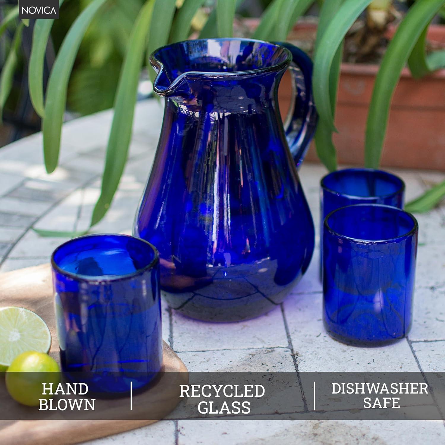 NOVICA Large Blue Hand Blown Glass Pitcher For Water, Margaritas, Lemonade, 82 Oz, 'Cobalt Charm'