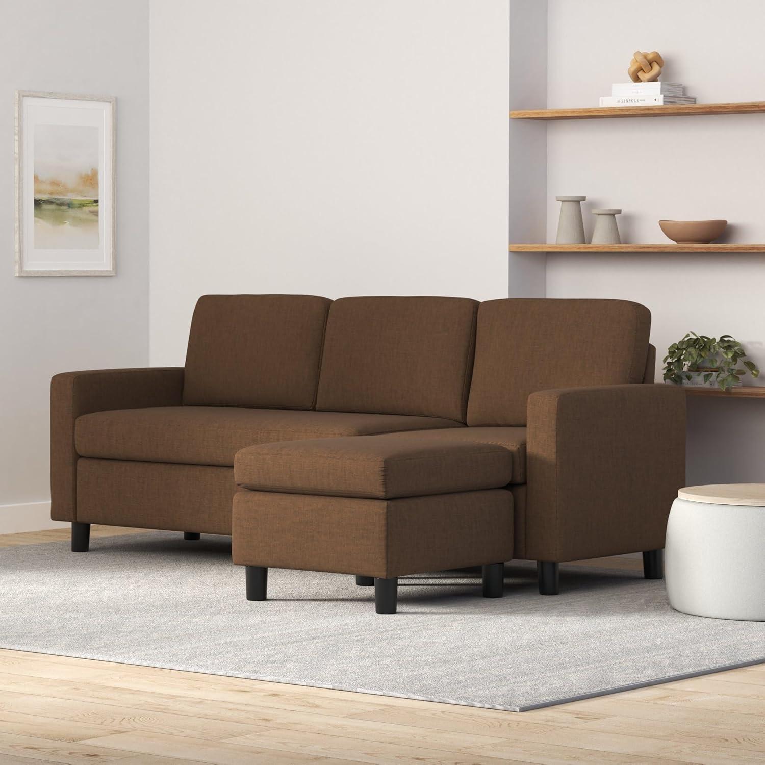 Brown Linen Sectional Sofa with Reversible Ottoman and Wood Frame