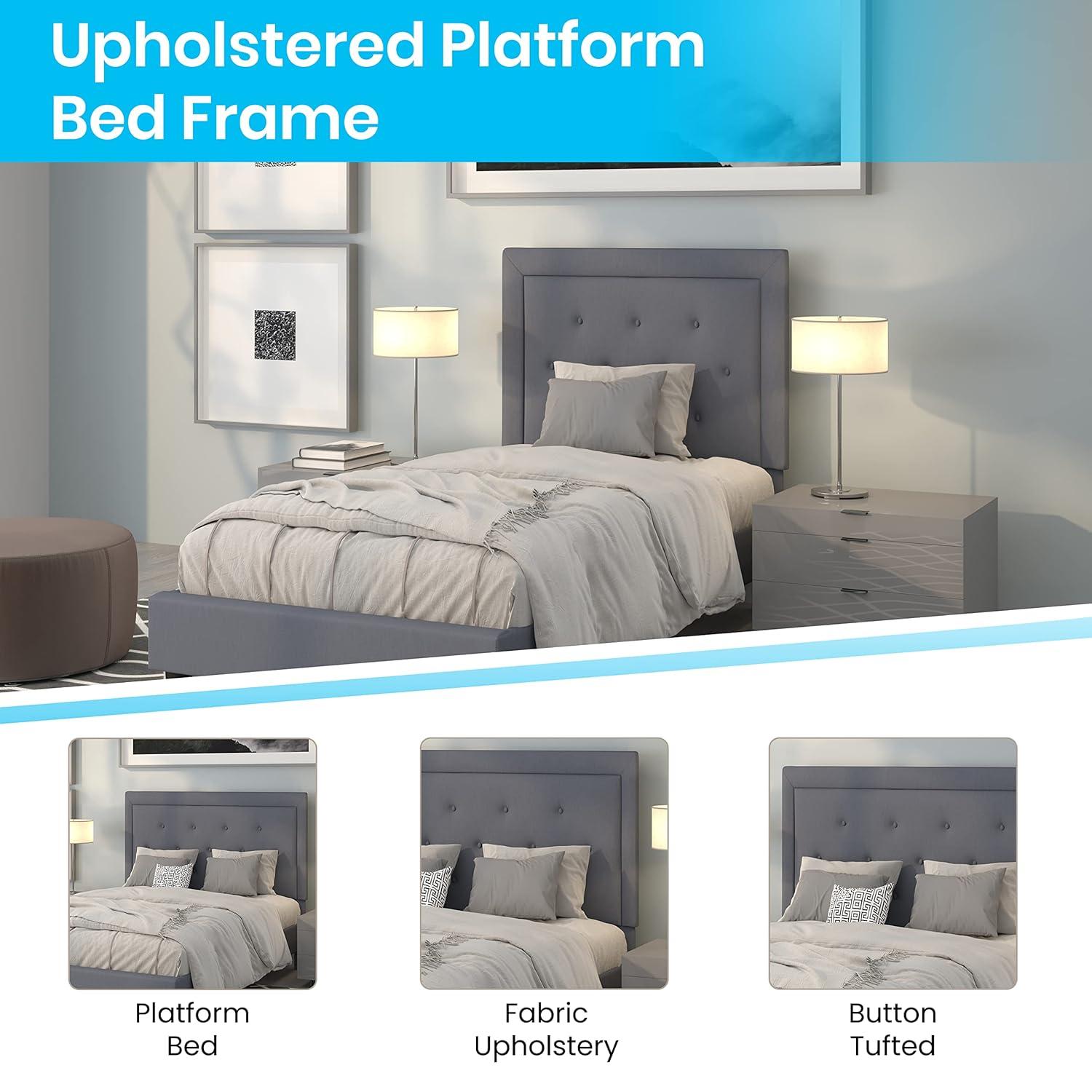 Flash Furniture Roxbury Twin Size Tufted Upholstered Platform Bed in Light Gray Fabric