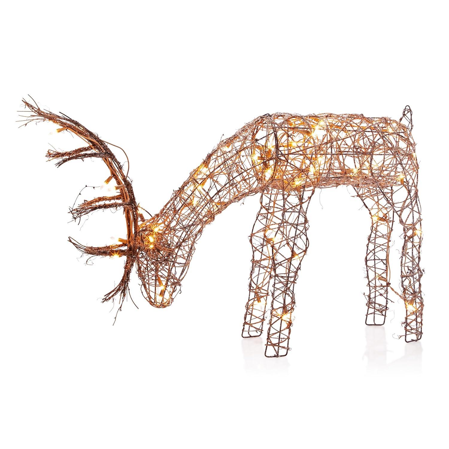 Alpine Corporation 29" x 7" x 24" Light up Iron Rattan Grazing Reindeer Statue, Brown