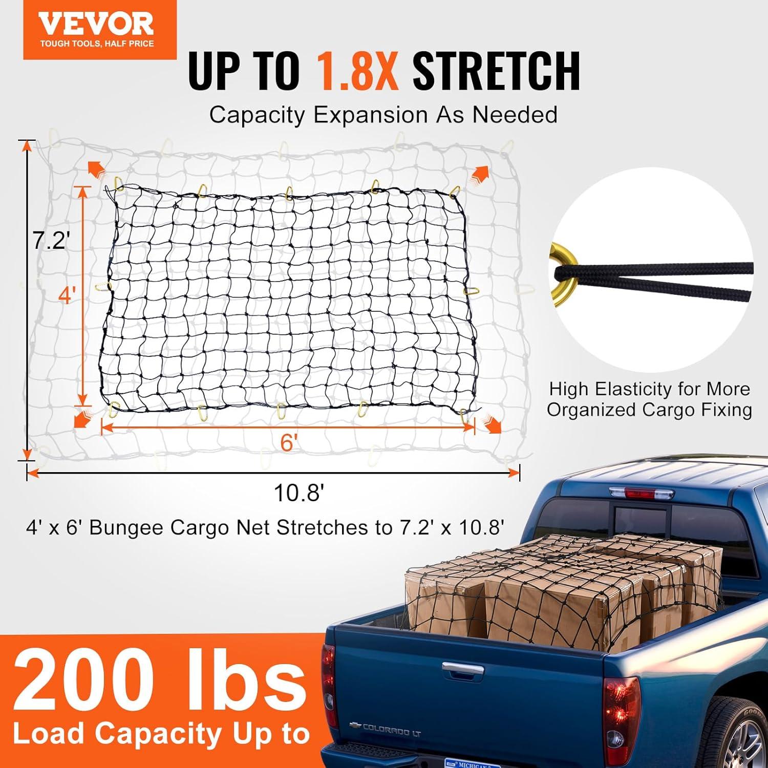 VEVOR Cargo Net for Pickup Truck Bed 4' x 6' Stretches to 7.2' x 10.8', Small 4"x4" Latex Bungee Net Mesh with 12 Steel D-Shaped Carabiners, Storage Bag, Suitable for Pickup, Jeep, SUV, Trailer