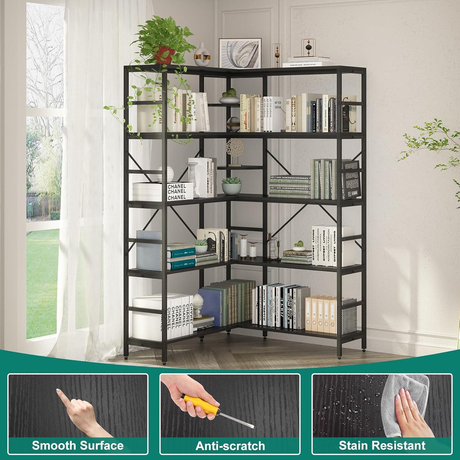 L-Shaped Corner Bookshelf, 5-Tier Industrial Bookcase with Heavy-Duty Metal Frame, Tall Storage Display Shelf for Bedroom, Living Room, and Home Office