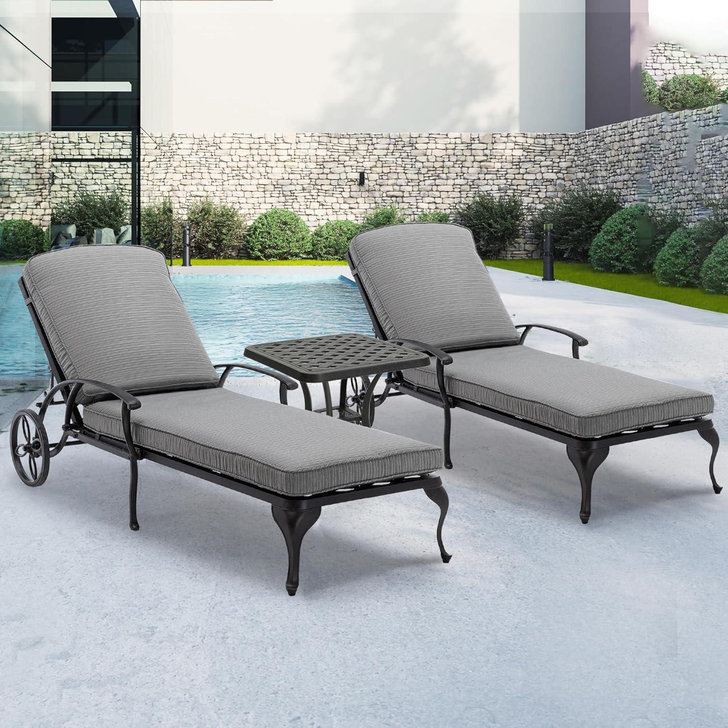 Villeston Outdoor Chaise Lounge Chairs Set of 2,Cast Aluminum Waterproof Lounger with Wheels and Adjustable Reclining,Gray Cushion