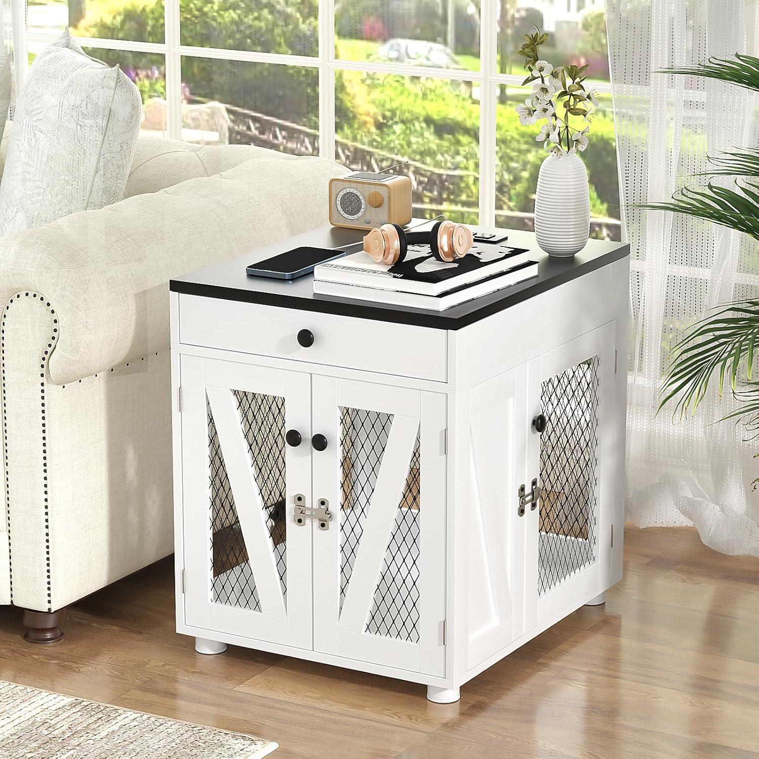 Tucker Murphy Pet™ Dog Crate Furniture, Wooden Dog Kennel End Table with USB Charging Station, Storage Drawer, Double Latched Door, Farmhouse Furniture-Style Crate Side Table for Dogs Under 40 lbs, Indoor Use