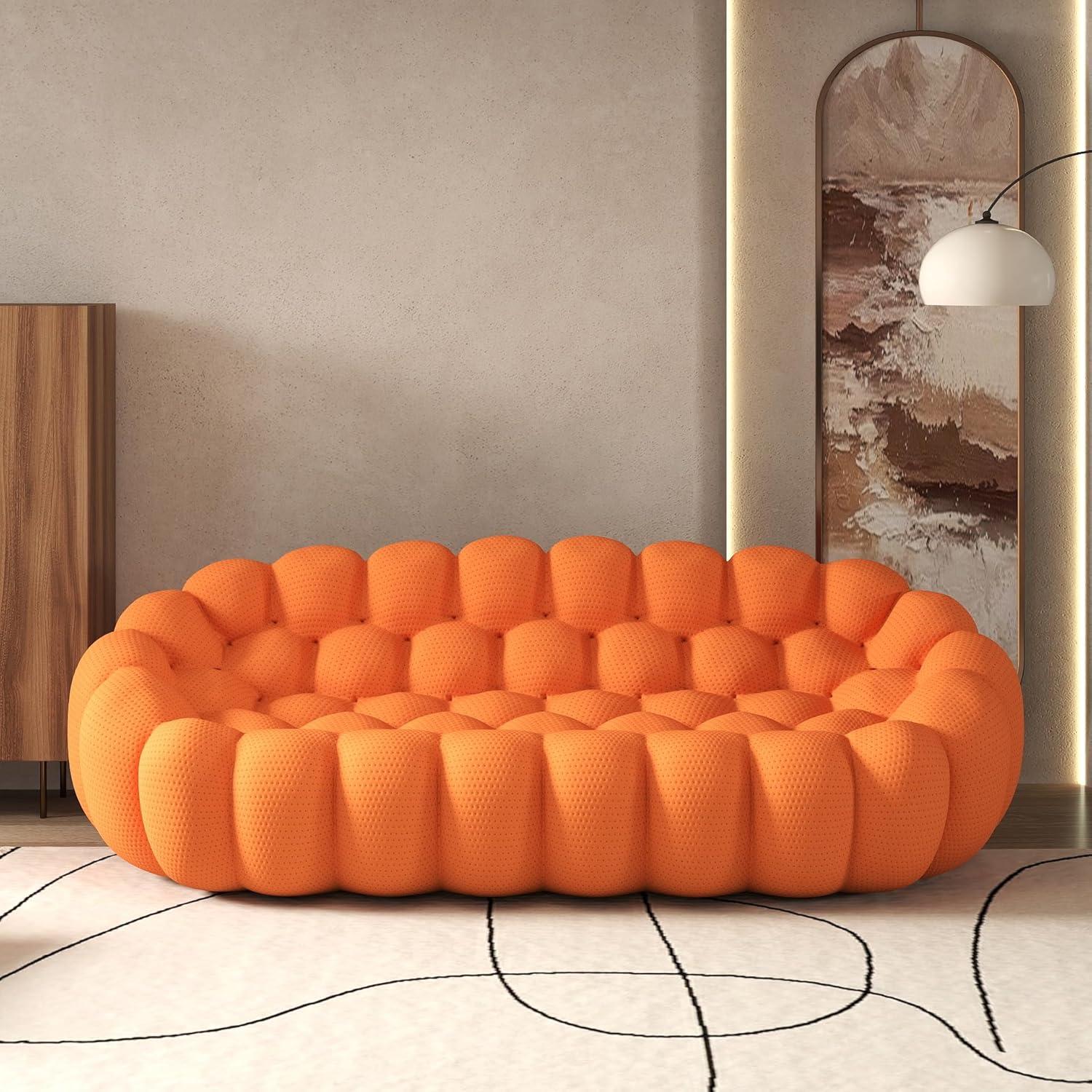 Bubble Couch, 98.43'' Modern 3-Seater Lazy Floor Couch, Memory Foam Bubble Round Sofa 3D Honeycomb Shape Curved Sofas for Living Room, Office, Apartment (Orange)