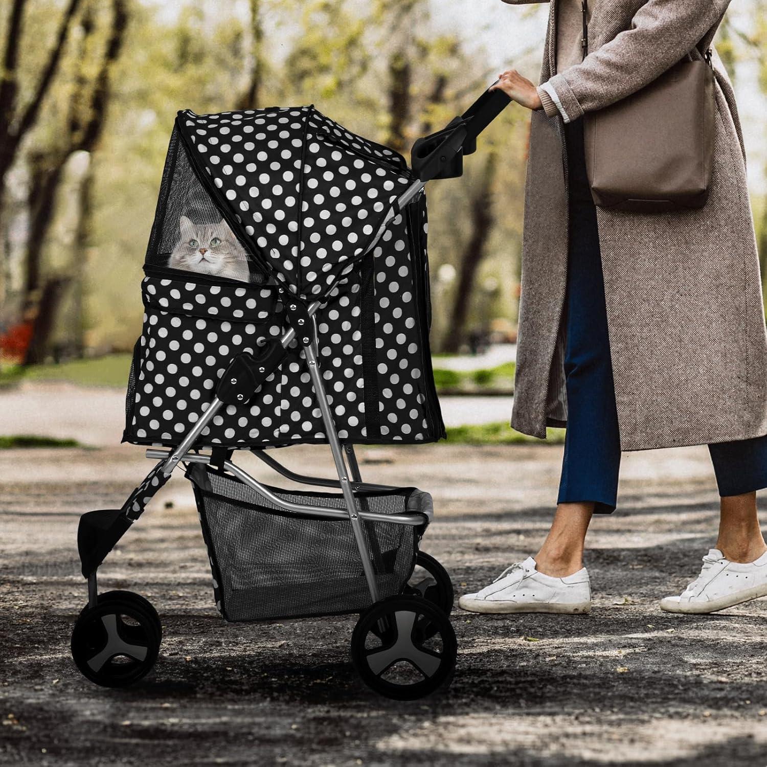 MoNiBloom 3 Wheel Folding Pet Dog Stroller, Foldable Lightweight Trolley with Storage Basket, Cup Holder and 360° Rotating Front Wheel for Small Medium Dogs, Black with White Polka Dots