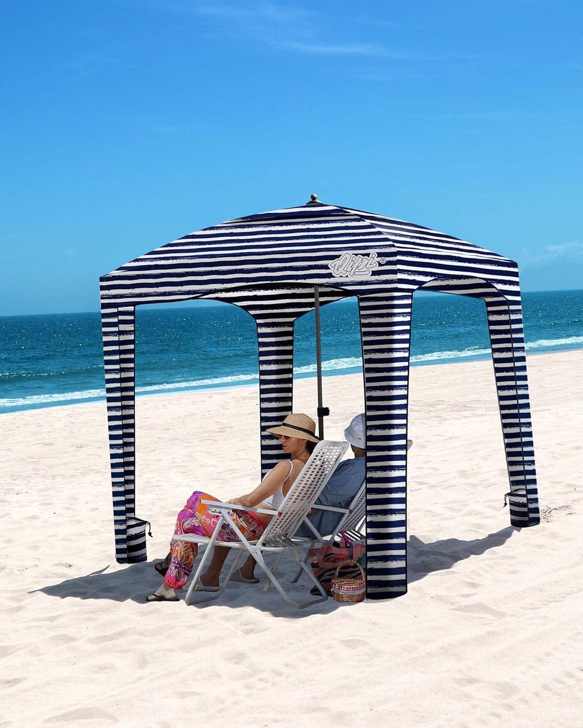 Navy and White Striped Portable Beach Cabana with UV Protection