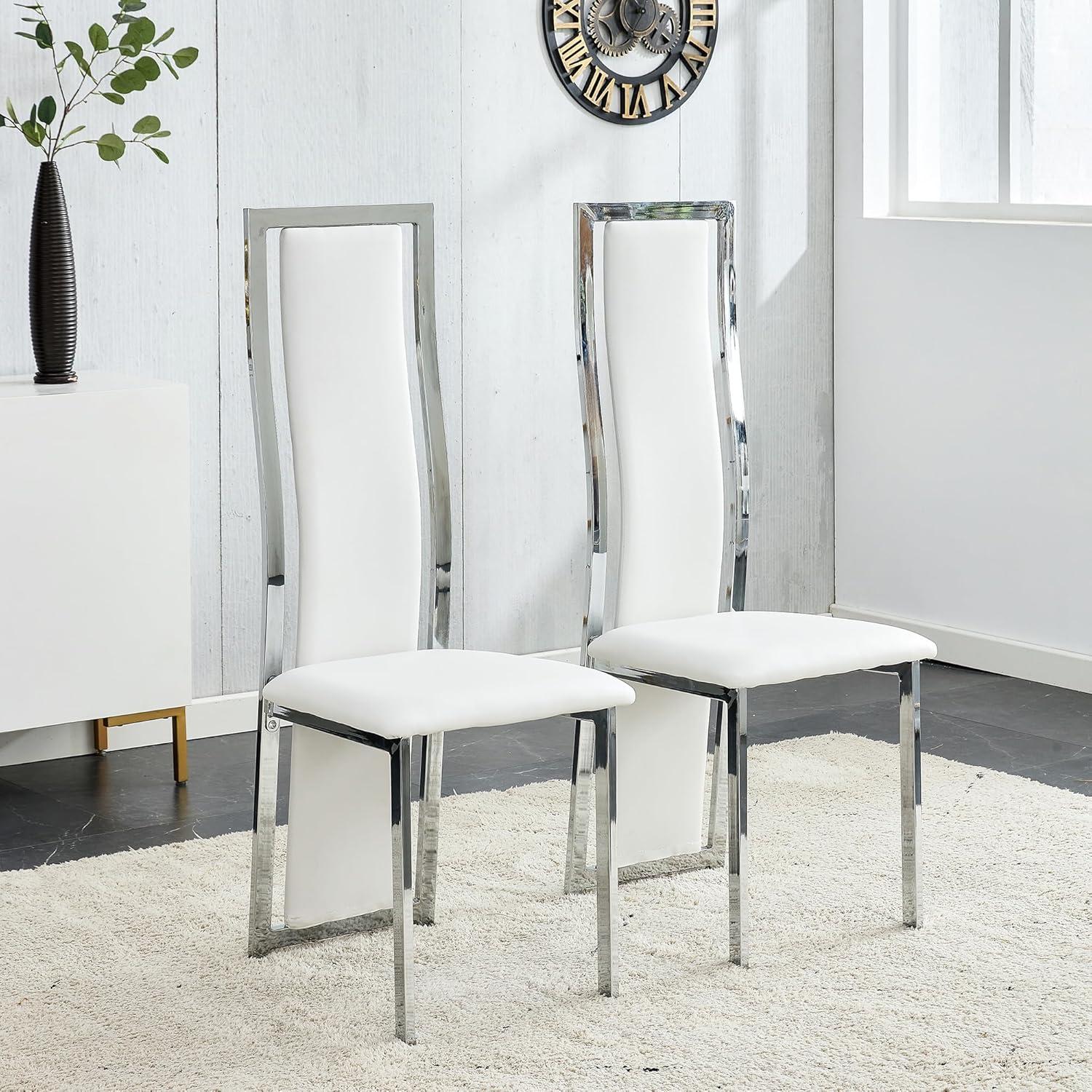 MIFIWhite Velvet Dining Chairs Set of 2, High-back , Kitchen & Dining Room Chairs , Sillas De Comedor ,Fabric Upholstered, Silver Chrome Metal Legs (White, 2 Pcs)