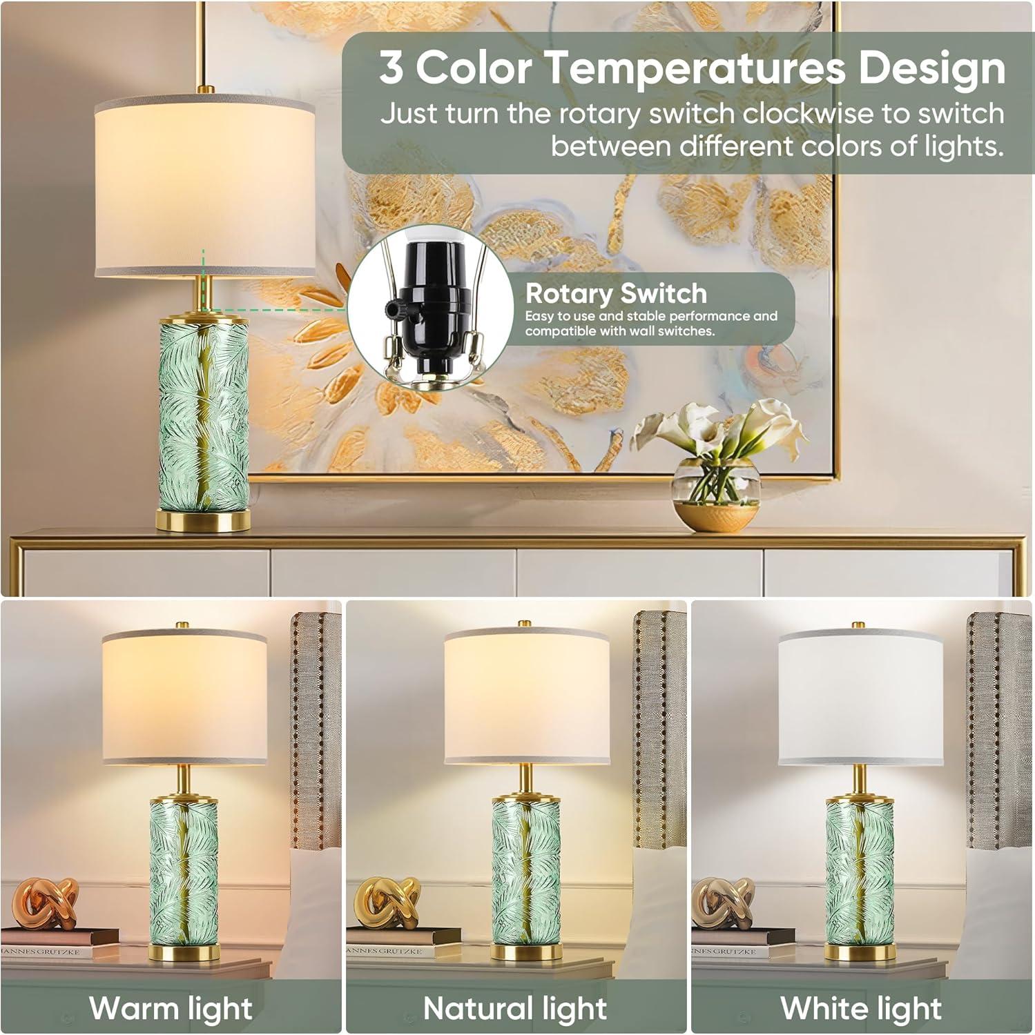 QiMH Glass Table Lamp Set of 2, Modern Gold Bedside Lamp with Stereo Palm Leaves Vein Glass for Living Room, Green Nightstand Lamps for Bedroom Home Office Reading Decor(Bulbs & Shades Included)