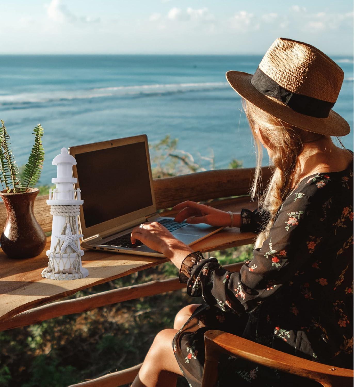 Handcrafted White Wooden Lighthouse Figurine with Starfish Decor