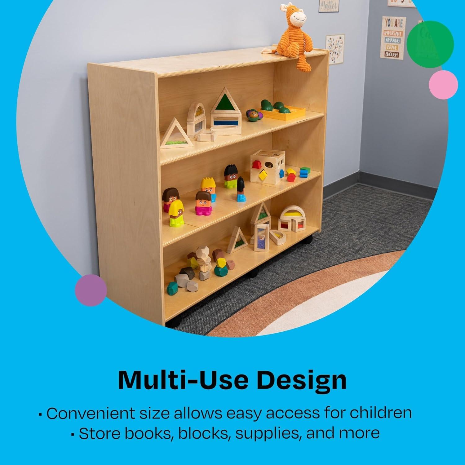 Childcraft Mobile Open Shelving Unit for Classrooms, 3-Shelf Wooden Book and Toy Organizer Bookcase, 47-3/4 x 14-1/4 x 42 Inches