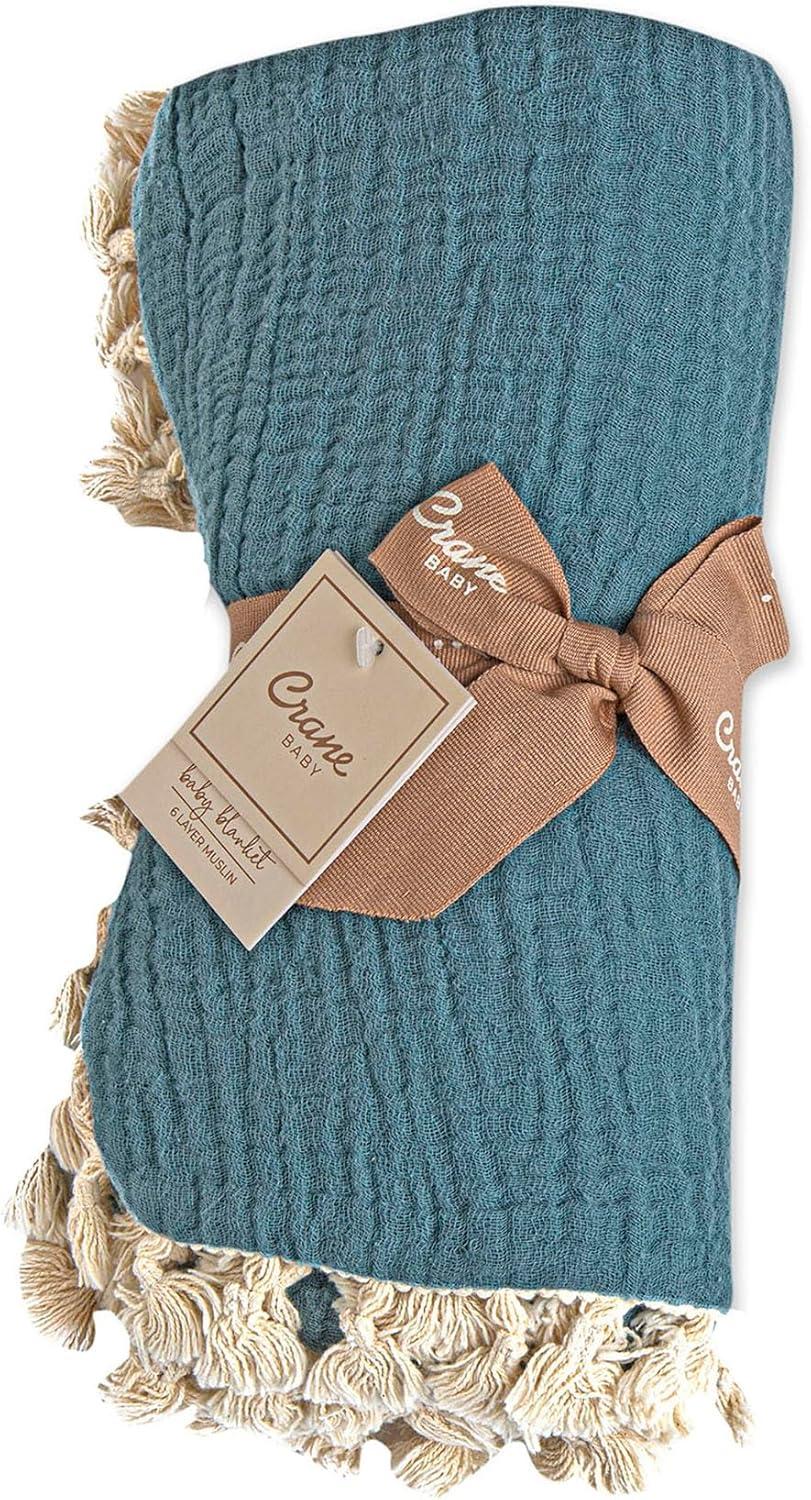 Riverstone Blue Cotton Muslin Baby Blanket with Fringe Trim