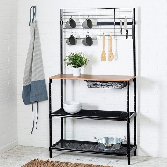 Modern Black Steel Kitchen Baker's Rack with Wood Cutting Board