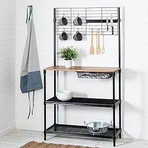 Modern Black Steel Kitchen Baker's Rack with Wood Cutting Board