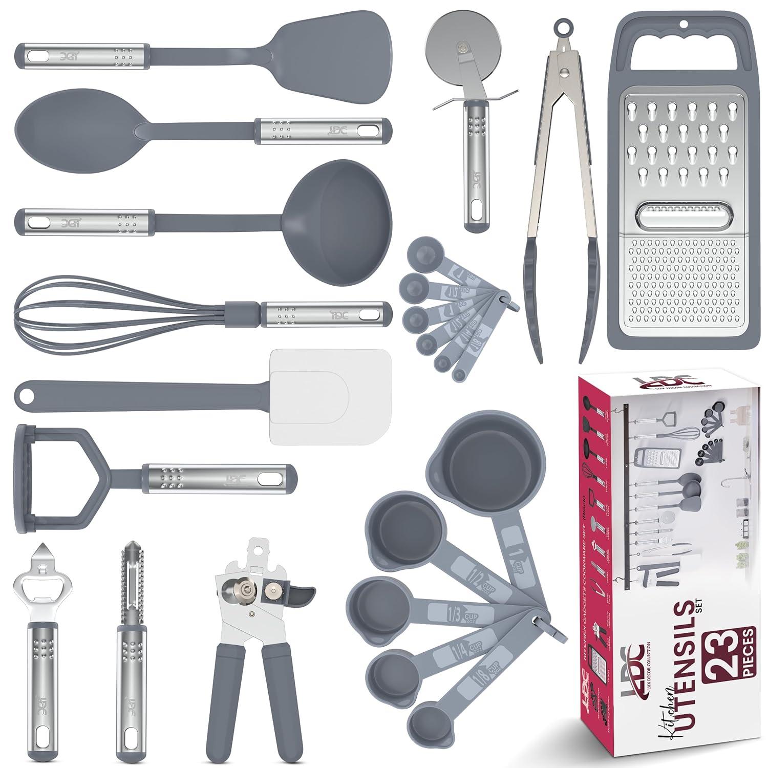 Lux Decor Collection 23 Pieces Cooking Utensils Set, Kitchen Utensils Sets of Nylon and Stainless Steel Utensils Set Pack of 1, Gray Utensils Set