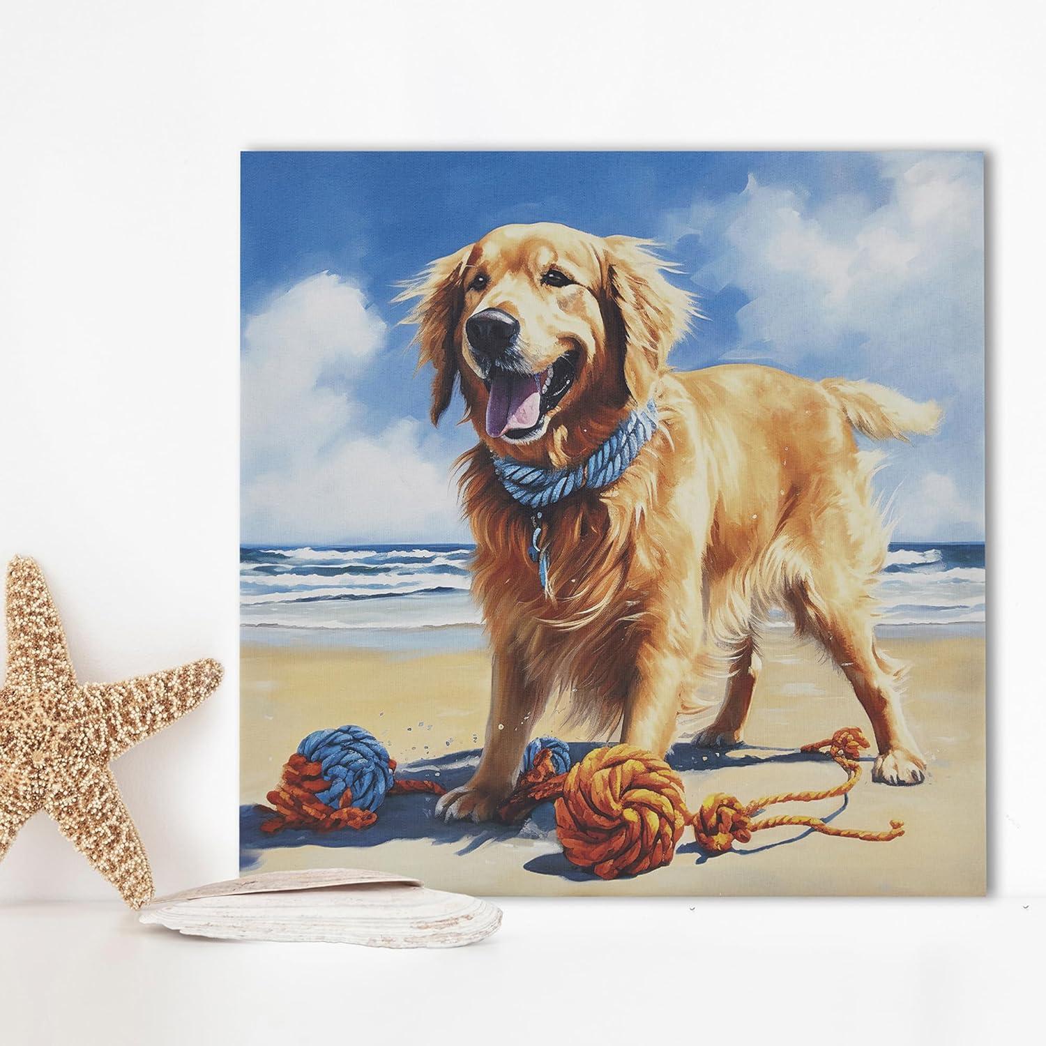 Madison Park 16"x16" Beach Playful Lively Dogs Print Canvas Wall Decor Art Golden Retriever Blue: Farmhouse Style