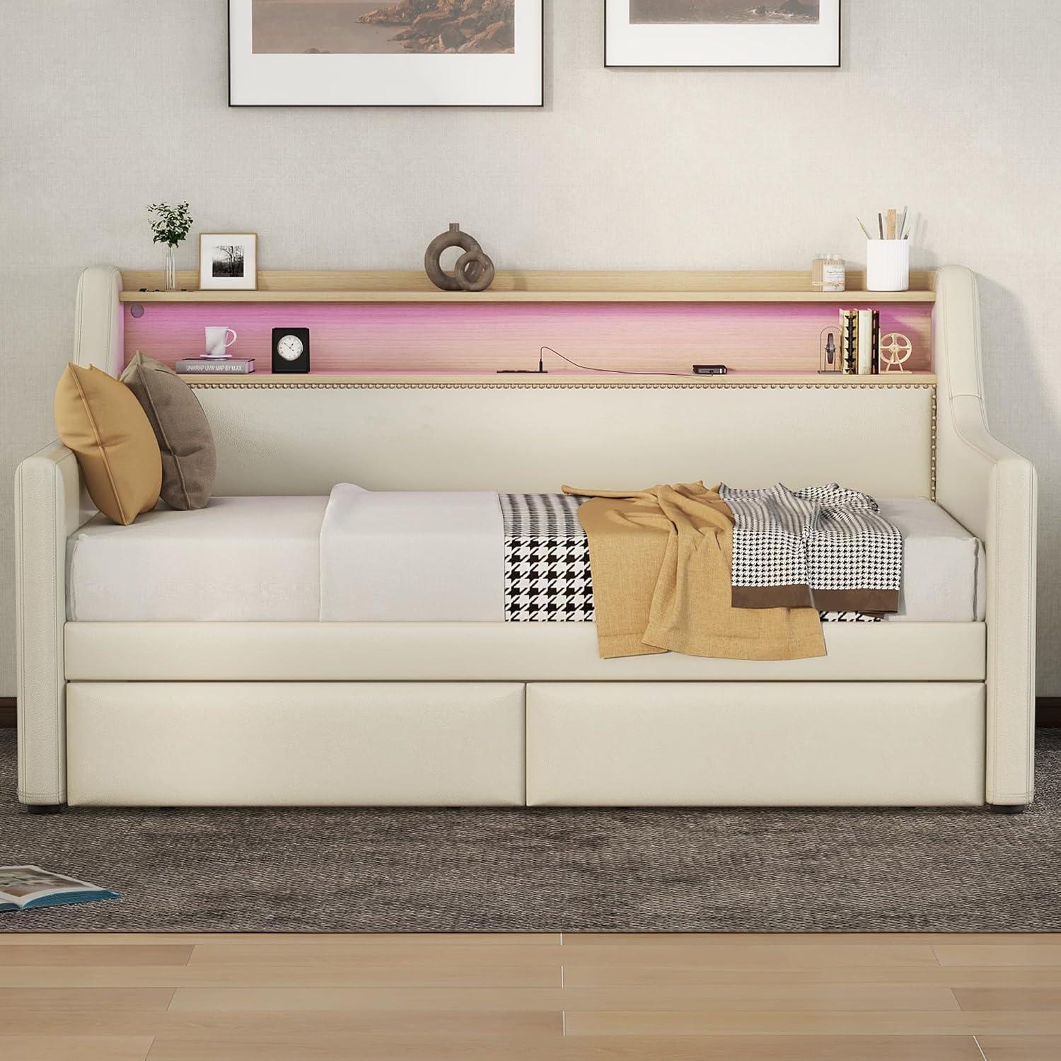 Miekor Muebles Sofá Cama Twin con Cajones de Almacenamiento, Sofá Cama Tapizado con Estación de Carga y Luces Led, Beige (Artículo Antiguo W1580S00022) 00033