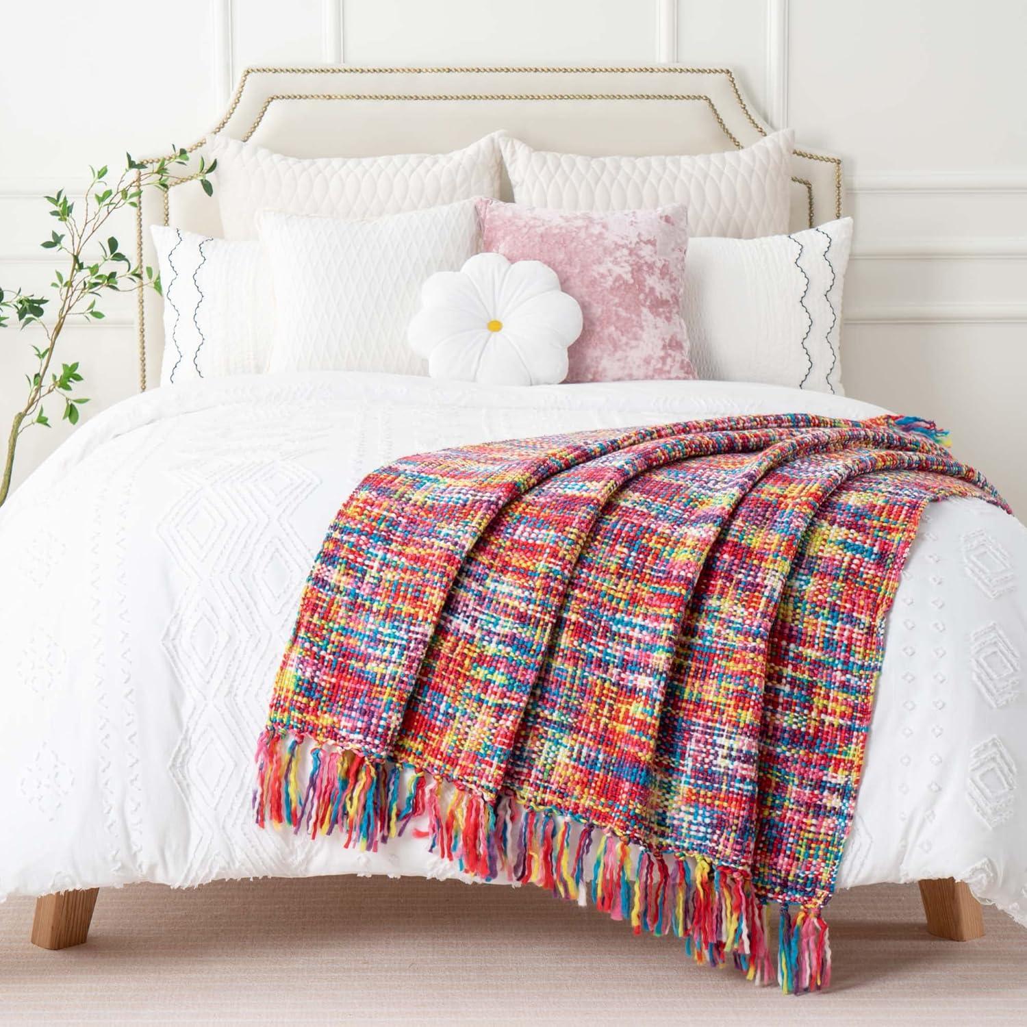 Brick Red Knitted Acrylic Throw Blanket with Fringes, 50"x60"