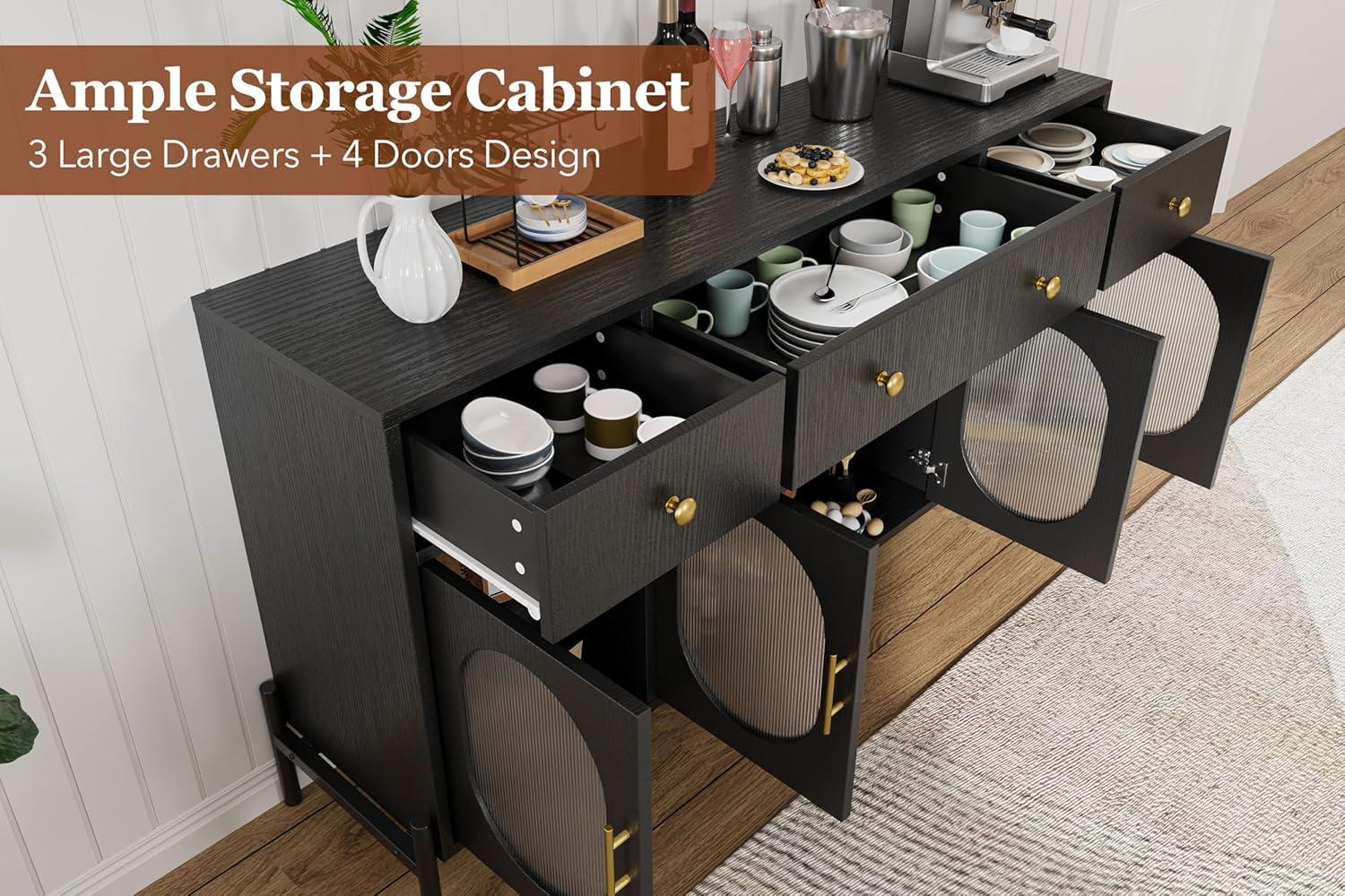 62" Large Sideboard Buffet Cabinet with Storage and 3 Drawers, Buffet Table Coffee Bar Storage Cabinet with 4 Glass Doors