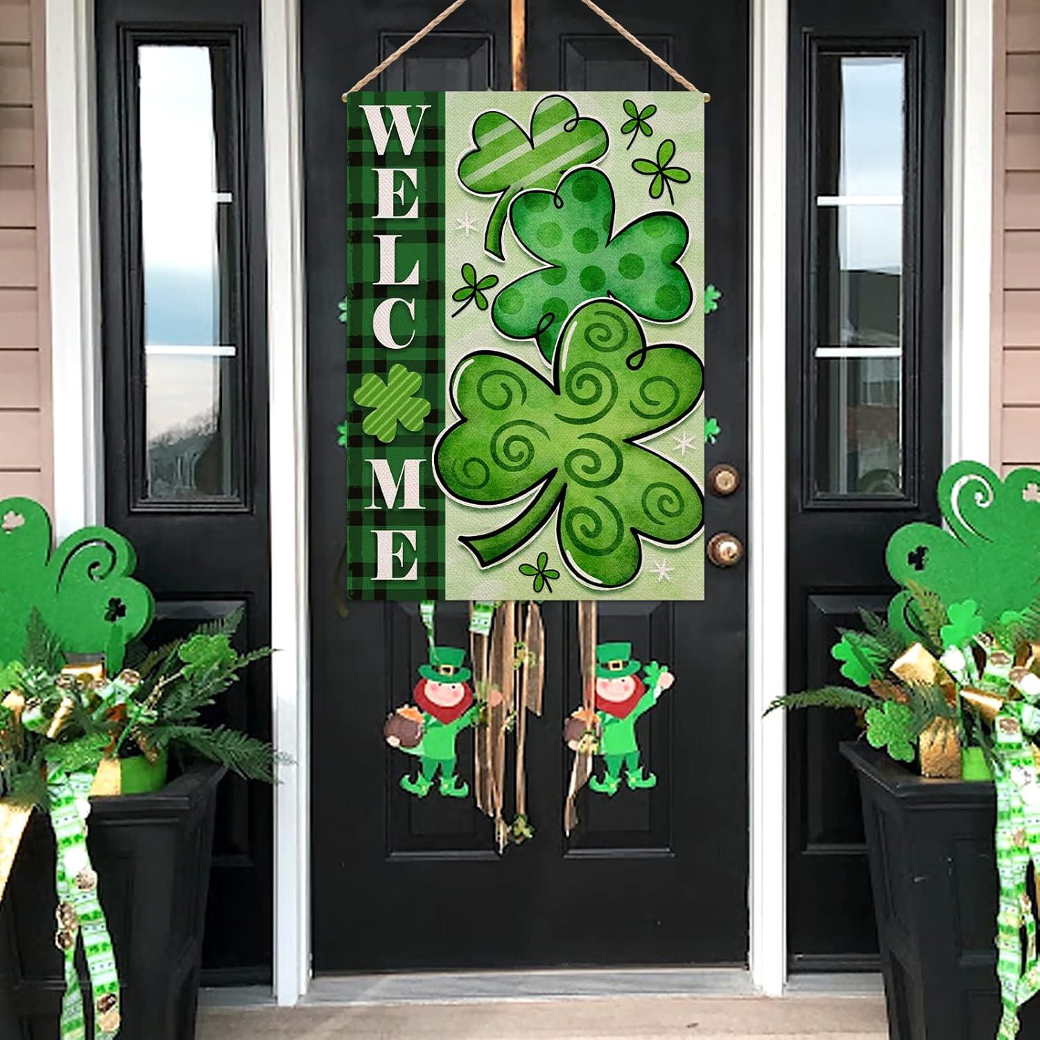 Shamrocks St. Patrick's Day Burlap House Flag Welcome 28" x 40" Briarwood Lane