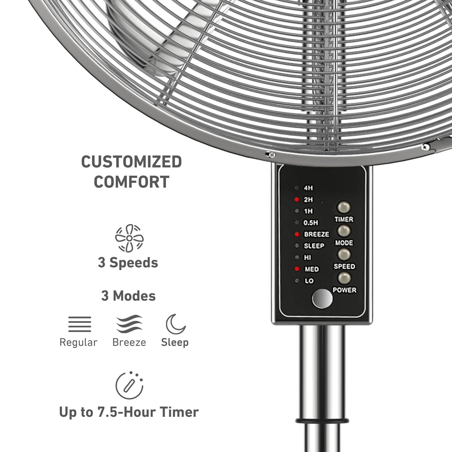 Holmes 16” Digital Oscillating Metal Stand Fan, 3 Speeds, Adjustable Height, Remote Control, Chrome