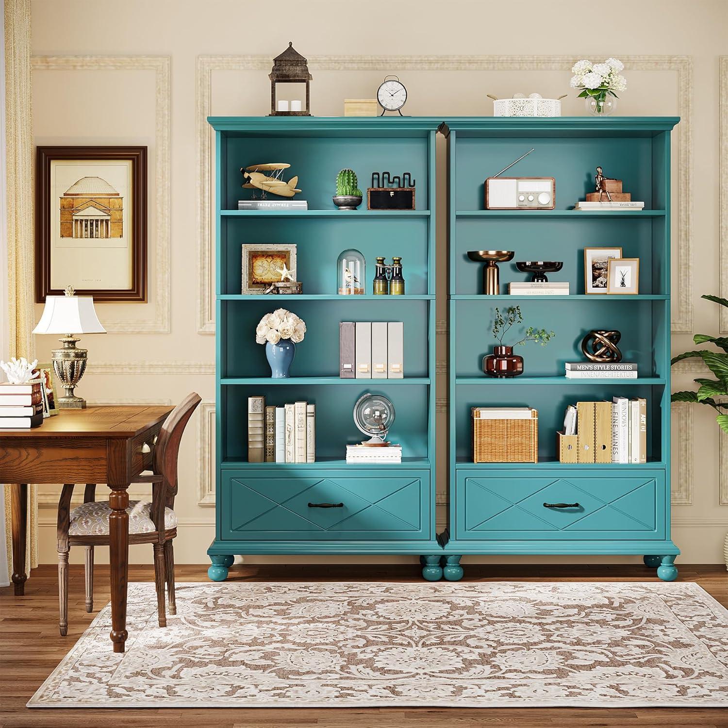 Ocean Blue 71-Inch 6-Shelf Bookcase with Drawer and Solid Wood Legs