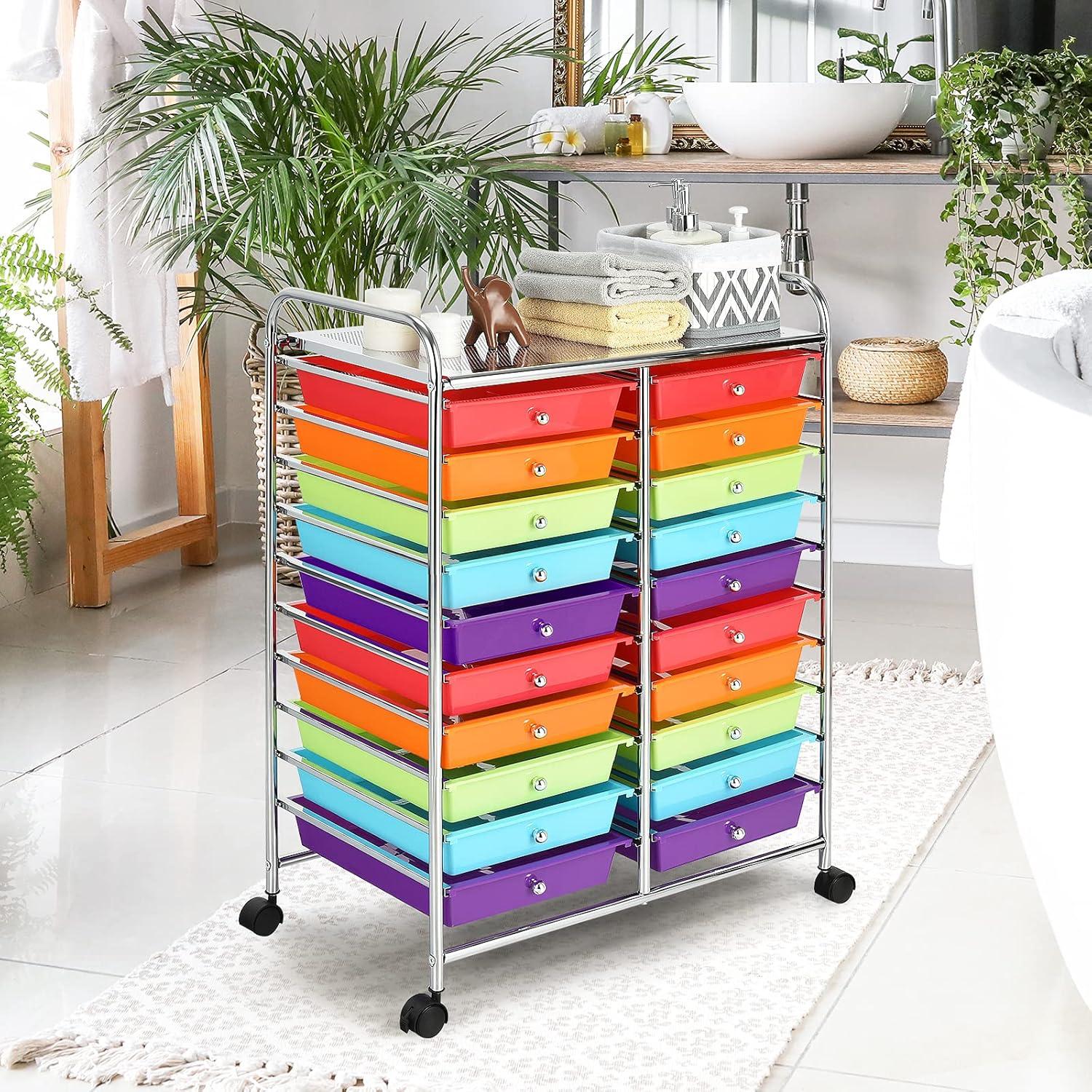 20-Drawer Organizer Cart Tools, Mobile Utility Storage Cart with Detachable Drawers & Lockable Wheels, Rolling Storage Cart with wheels for Home Office School(Multicolor)