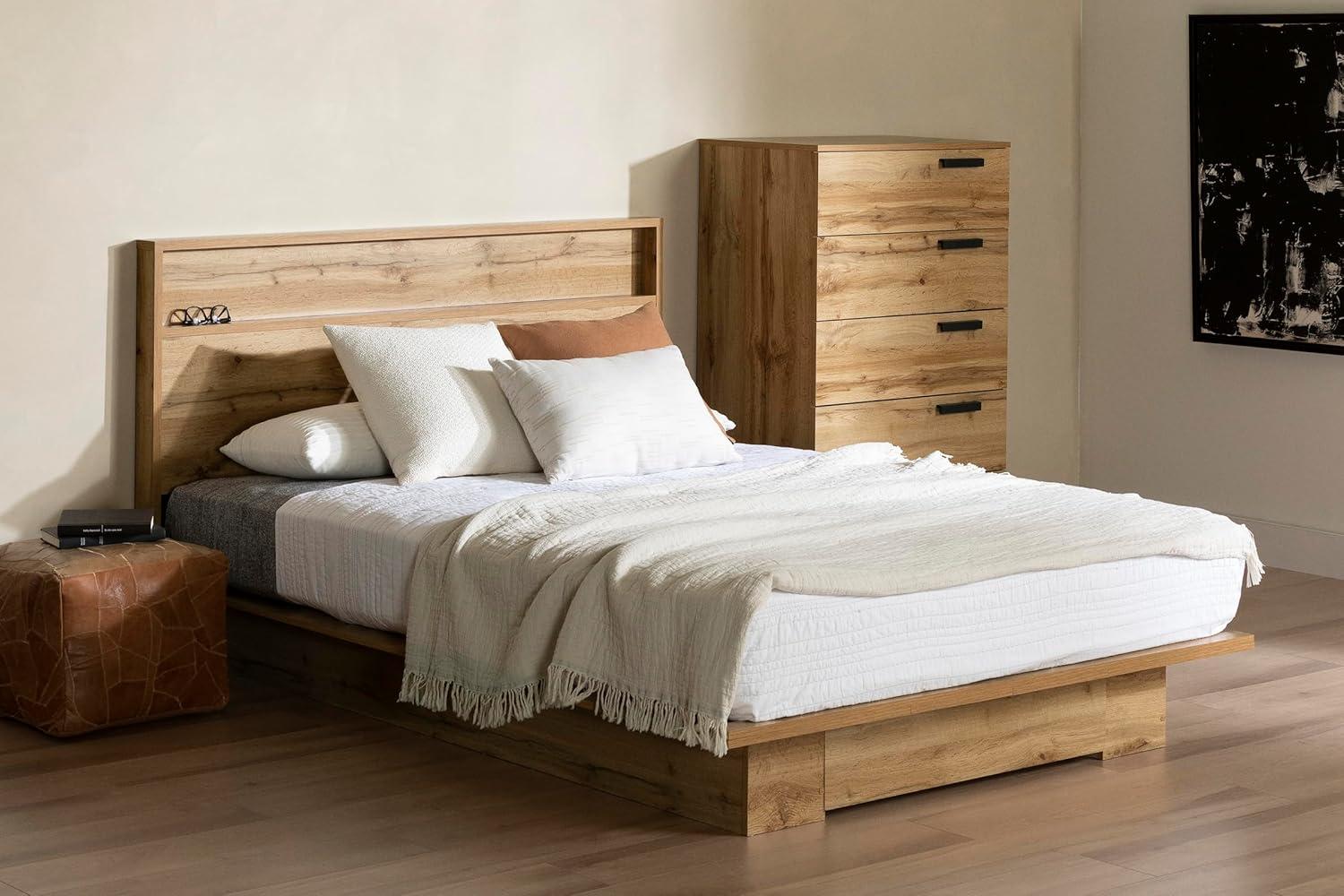 South Shore Full/Queen Platform Bed Nordik Oak: Laminated Particle Board with Built-In Storage Drawer