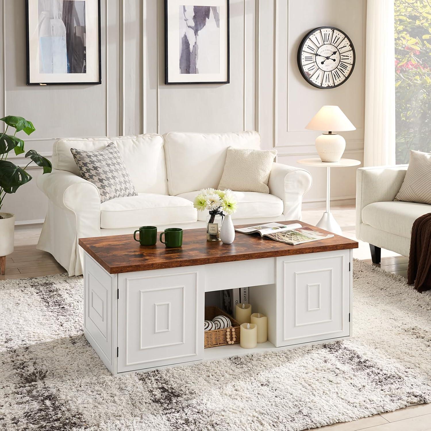 47.3" Lift Top Coffee Table, Farmhouse Coffee Table for Living Room, White Lift Top Coffee Table with Large Hidden Storage Compartment and Sliding Barn Doors, White