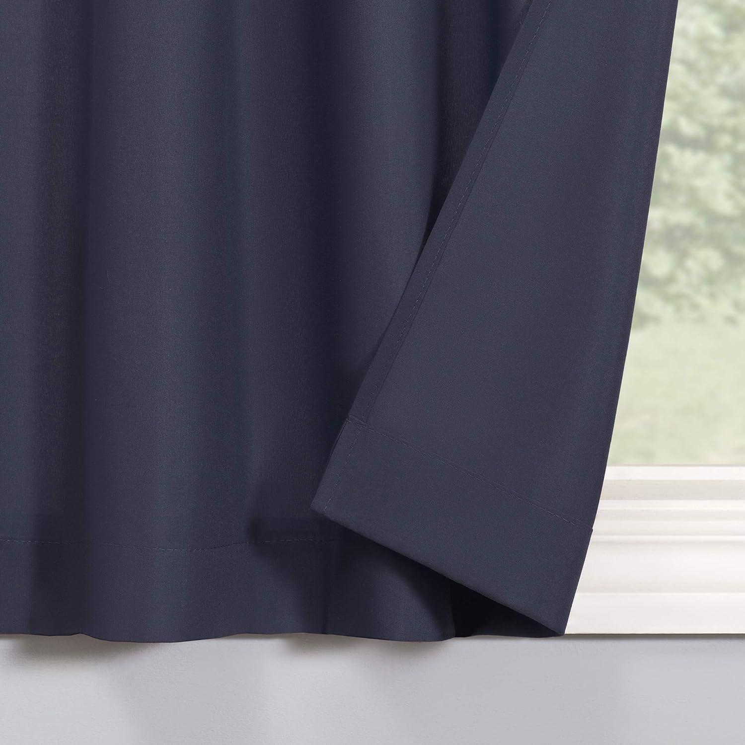 Navy Blue Sheer Polyester Rod Pocket Kitchen Curtain Set