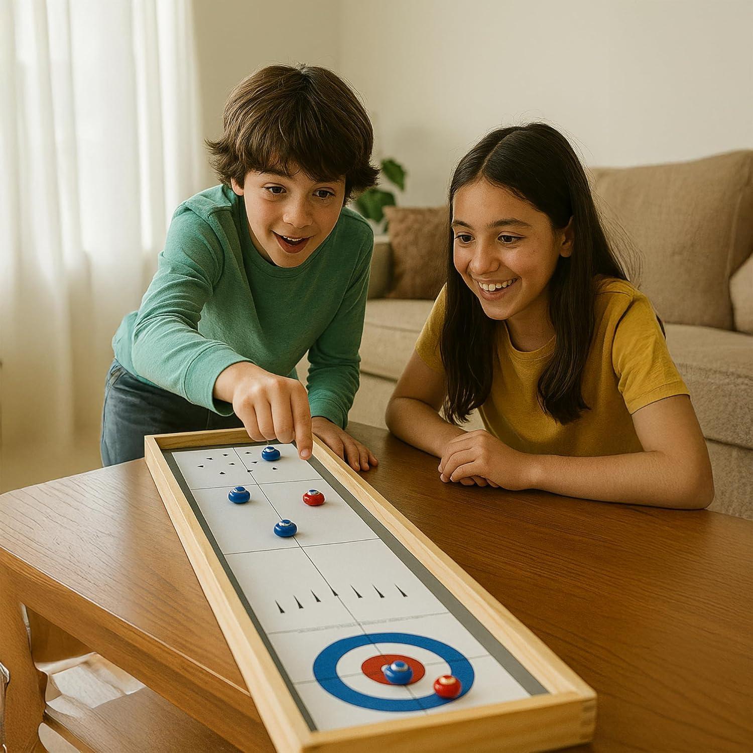 Sterling Games Tabletop Shuffleboard, Bowling and Curling 3 in 1 Combo Game Board Set for Kids and Family