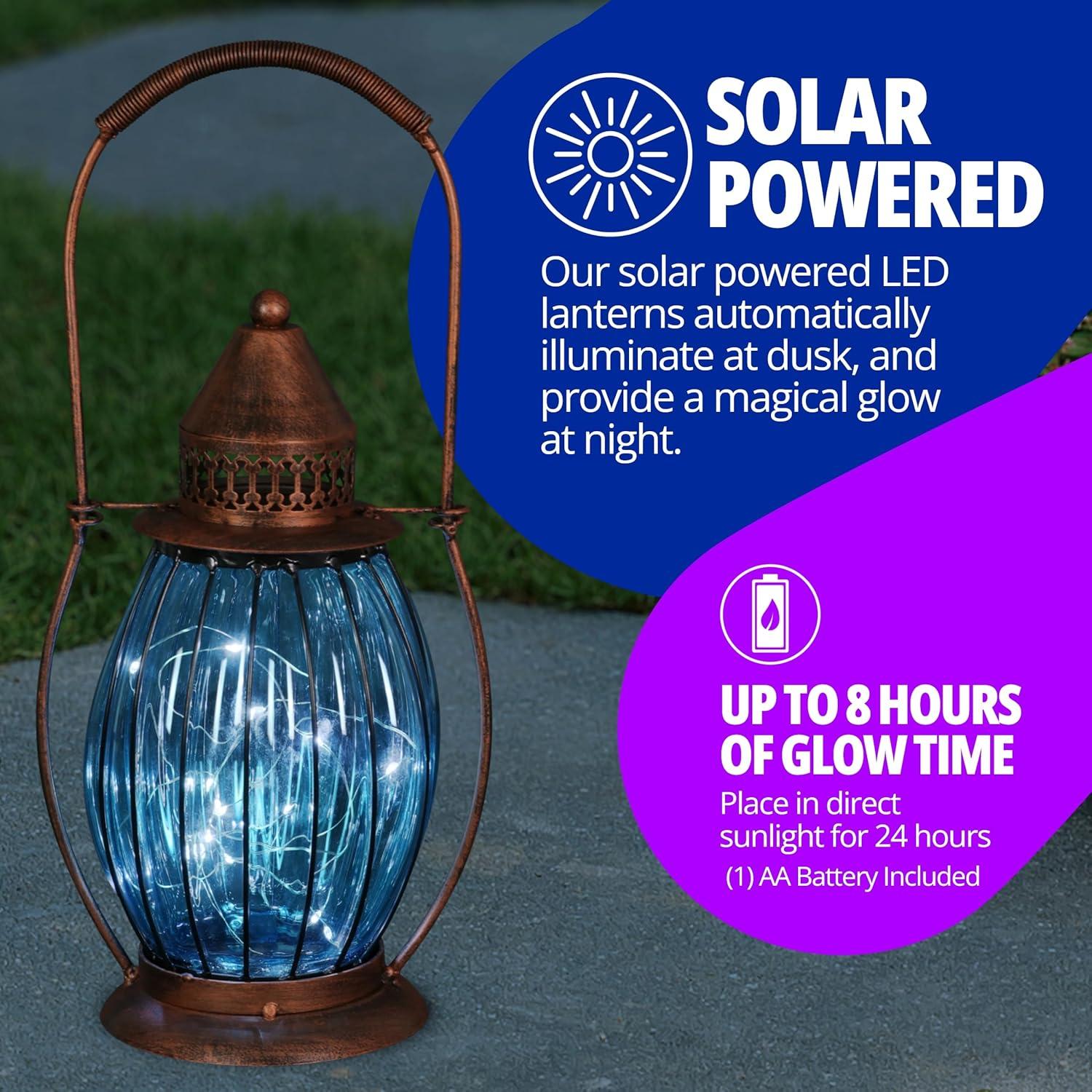 Exhart Exhart Solar Antique Metal and Glass Accent Lantern with Fifteen LED Fairy Firefly String Lights, 7 by 14"